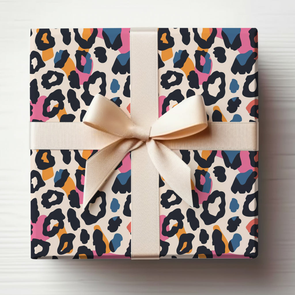 Vibrant Leopard Print Gift Wrap with Bow Design