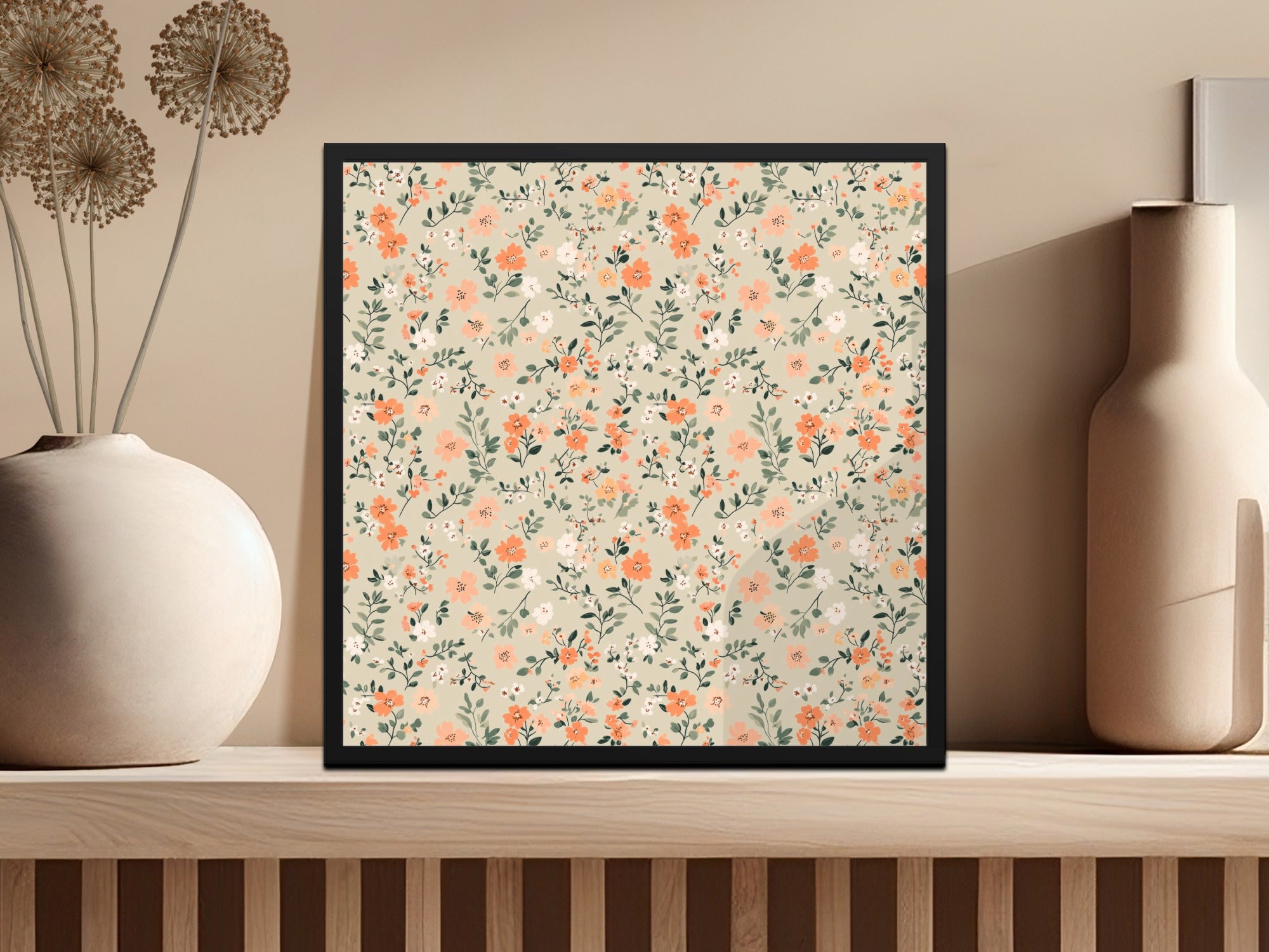 Modern Ditsy Flower Pattern Beige Botanical Illustration Digital - Moore and Mountain