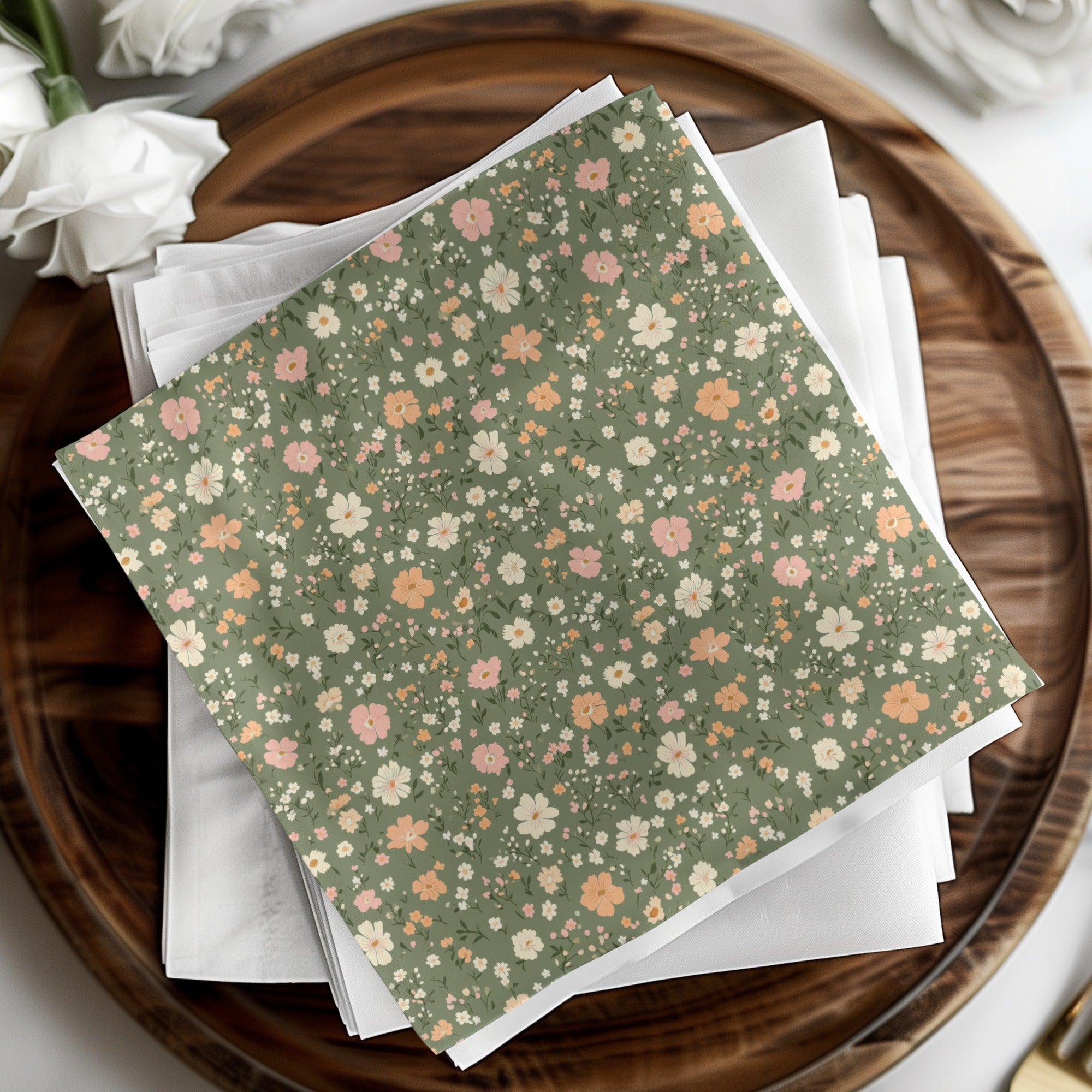 Modern Ditsy Flower Pattern on Green Background Digital - Moore and Mountain
