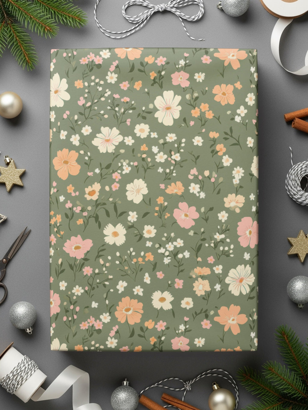 Modern Ditsy Flower Pattern on Green Background Digital - Moore and Mountain