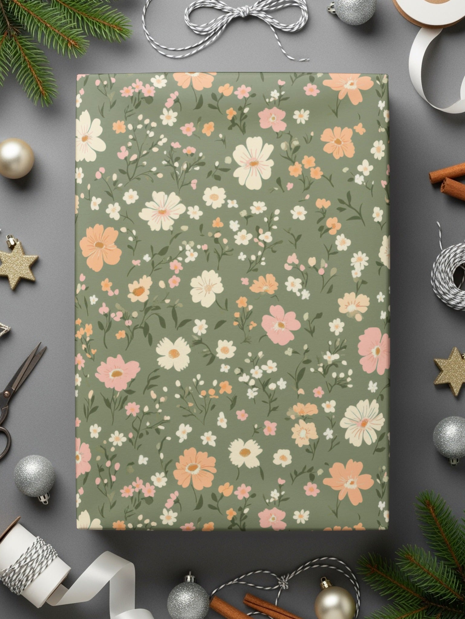 Modern Ditsy Flower Pattern on Green Background Digital - Moore and Mountain