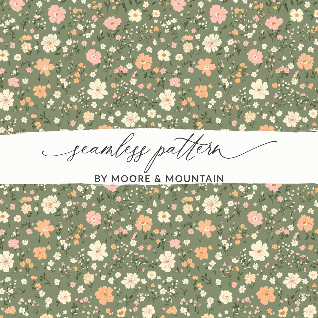 Modern Ditsy Flower Pattern on Green Background Digital - Moore and Mountain