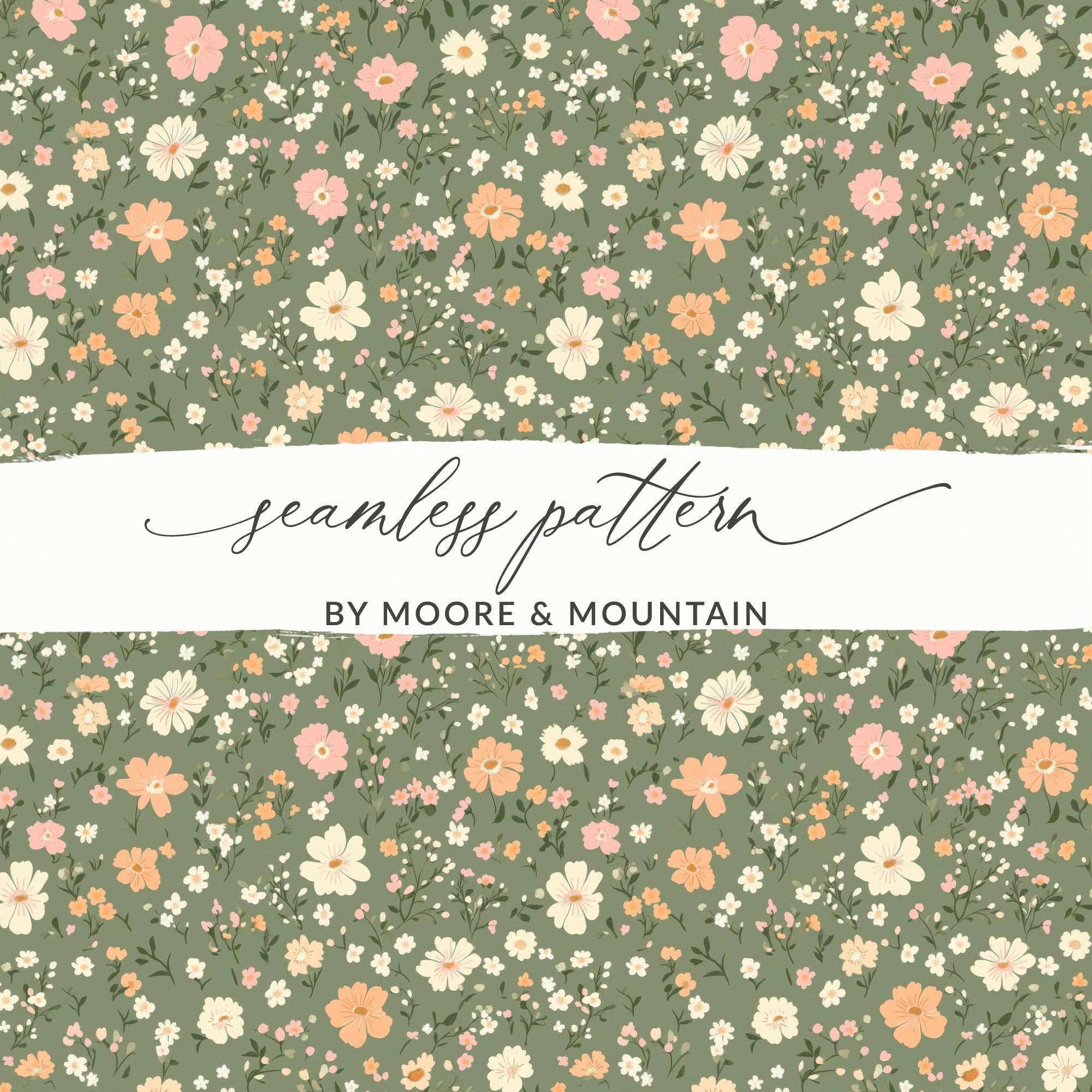 Modern Ditsy Flower Pattern on Green Background Digital - Moore and Mountain