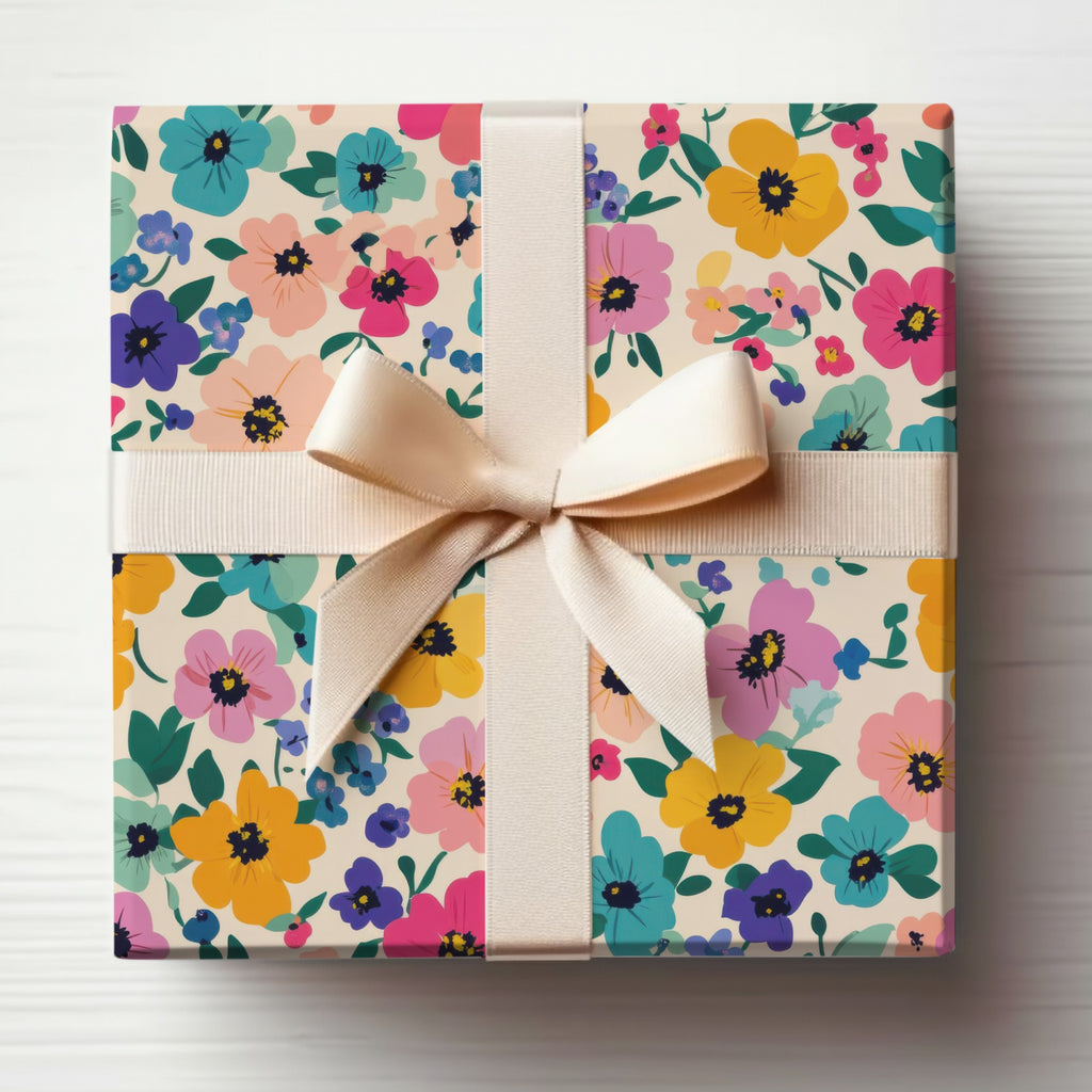 Colorful Floral Gift Wrap with Elegant Bow Design