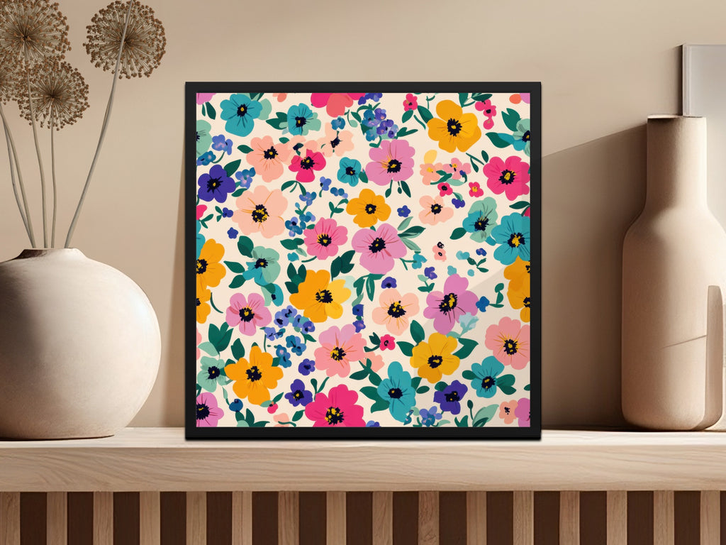 Vibrant Colorful Floral Pattern Framed Wall Art Decor