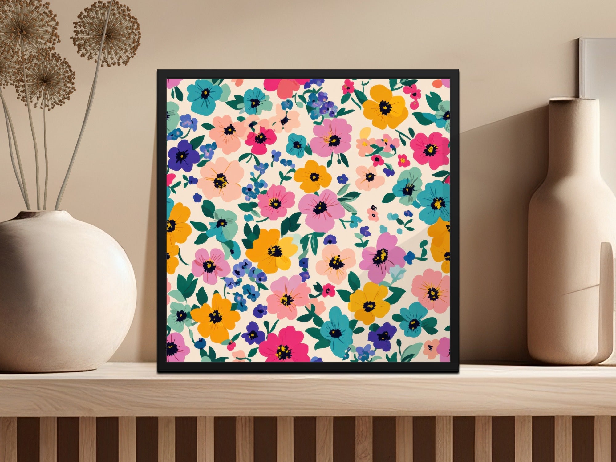Vibrant Colorful Floral Pattern Framed Wall Art Decor