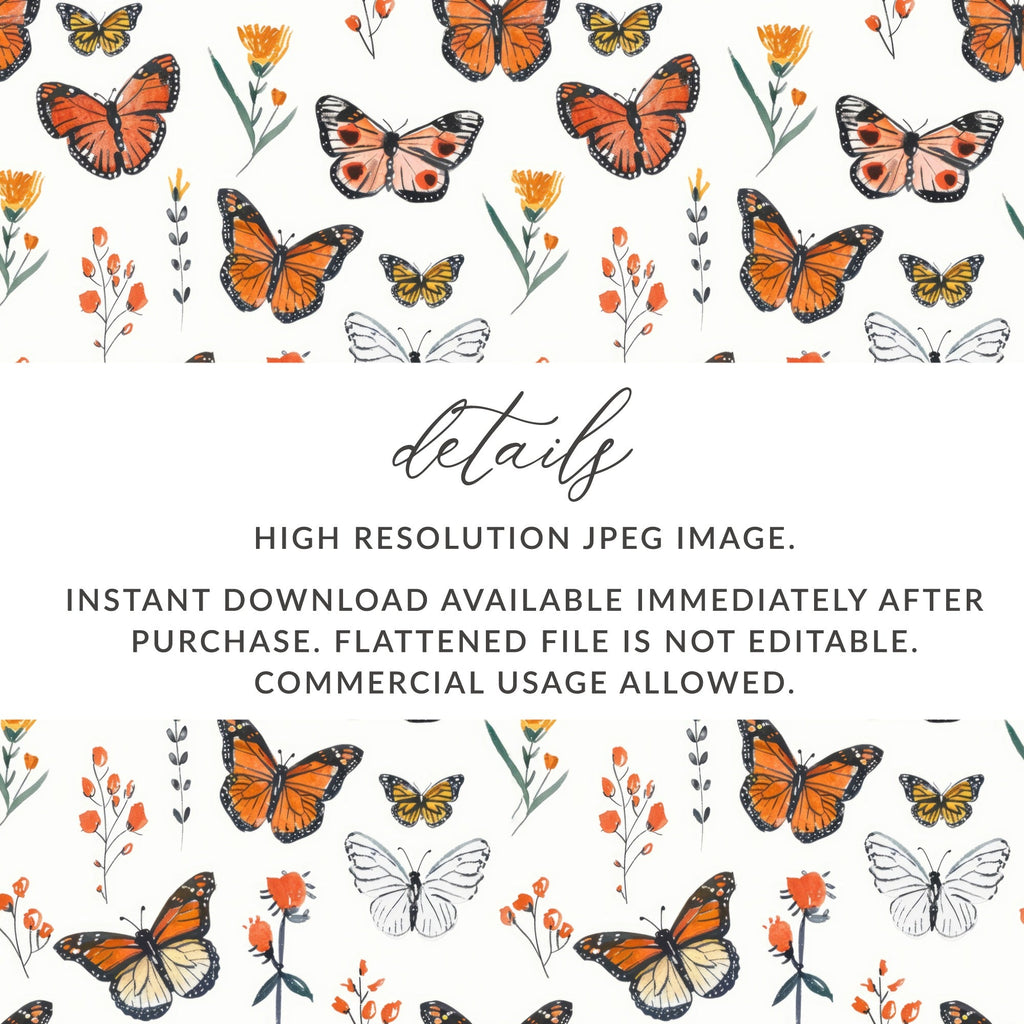 Monarch Butterfly Digital Seamless Pattern, Floral Bugs Print, Orange Butterfly Paper, Spring Flower Texture, Commercial Use Digital - Moore and Mountain