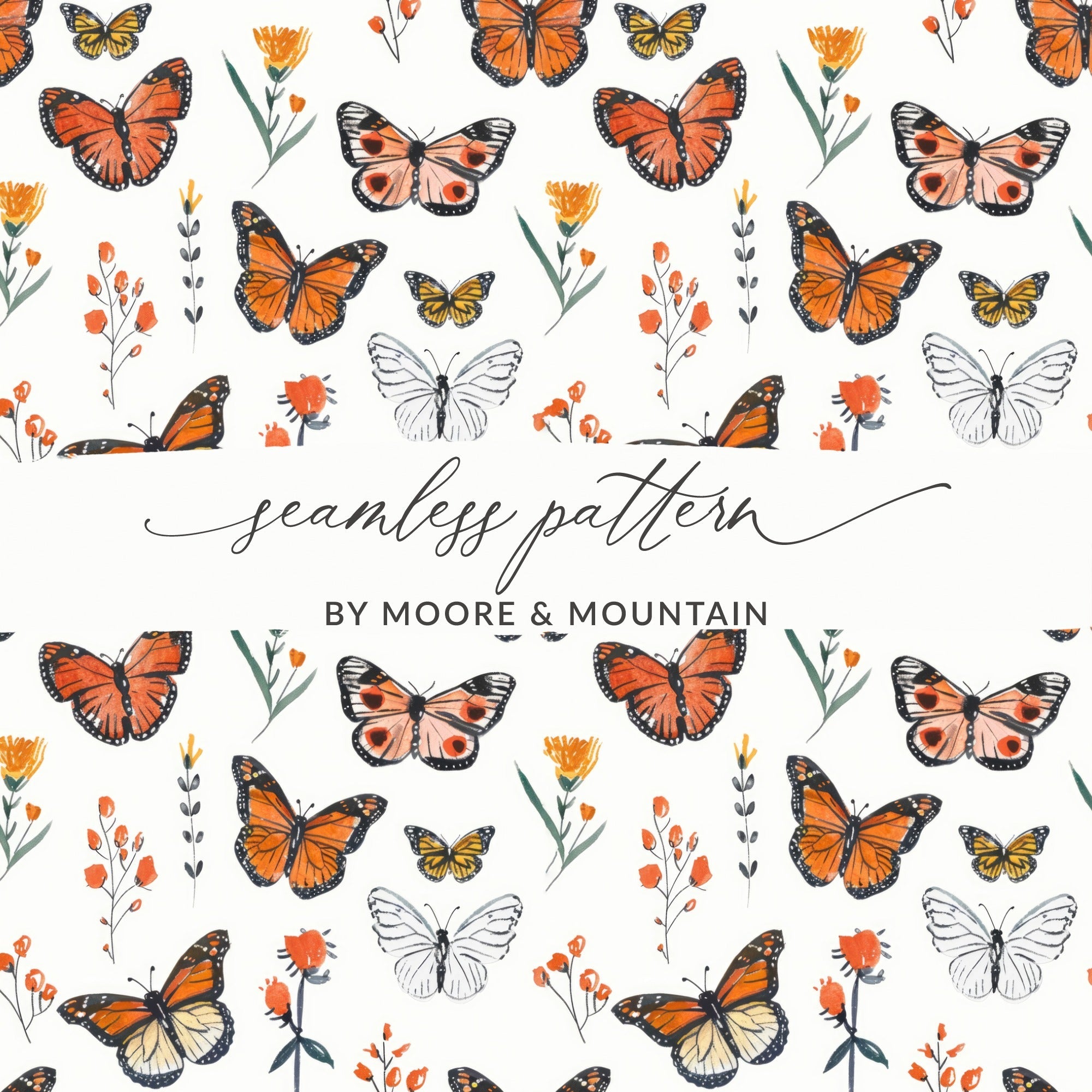 Monarch Butterfly Digital Seamless Pattern, Floral Bugs Print, Orange Butterfly Paper, Spring Flower Texture, Commercial Use Digital - Moore and Mountain