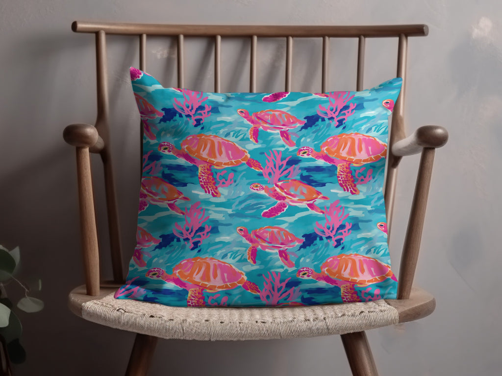 Colorful Sea Turtle and Coral Design Cushion Pillow
