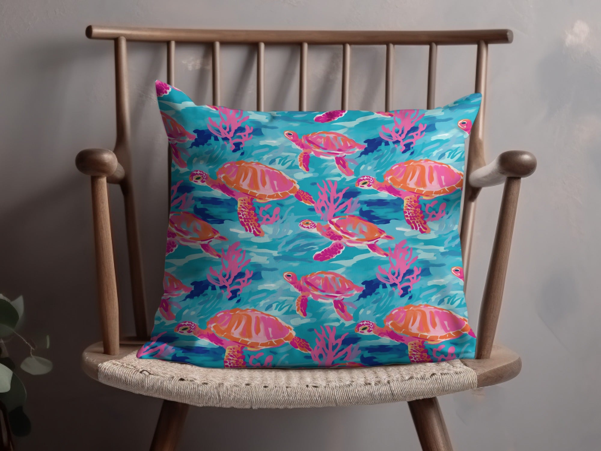 Colorful Sea Turtle and Coral Design Cushion Pillow