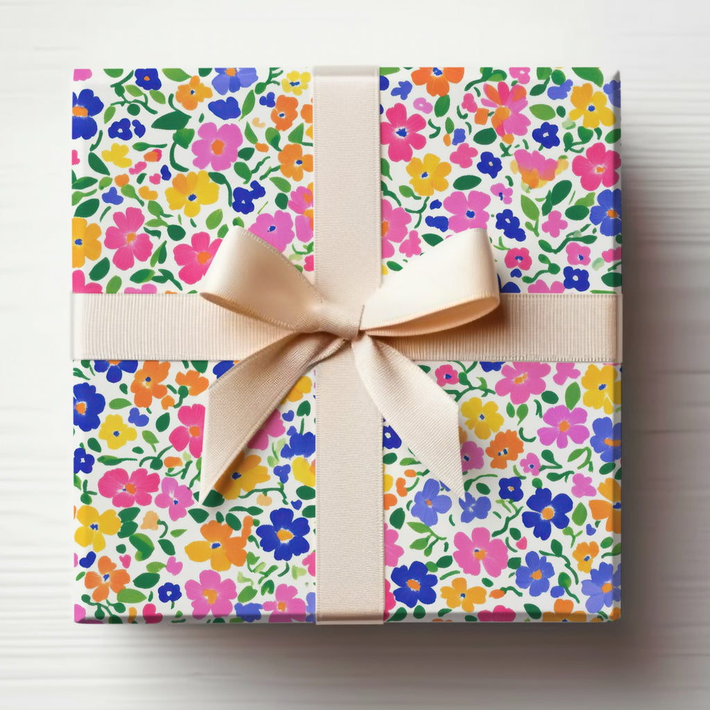 Colorful Floral Gift Wrap with Cream Bow Gift Box