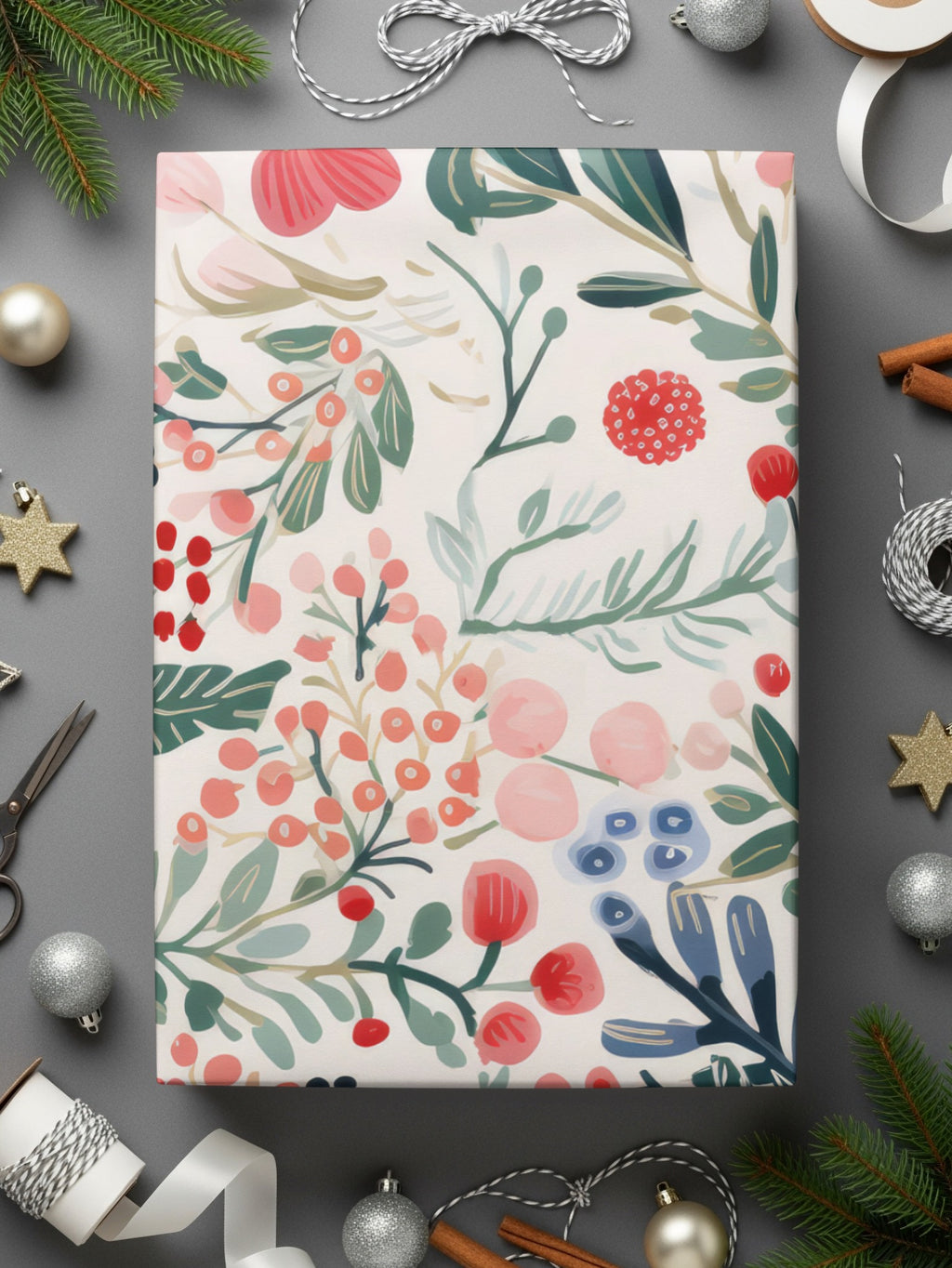 Festive Floral and Berries Holiday Wrapping Paper