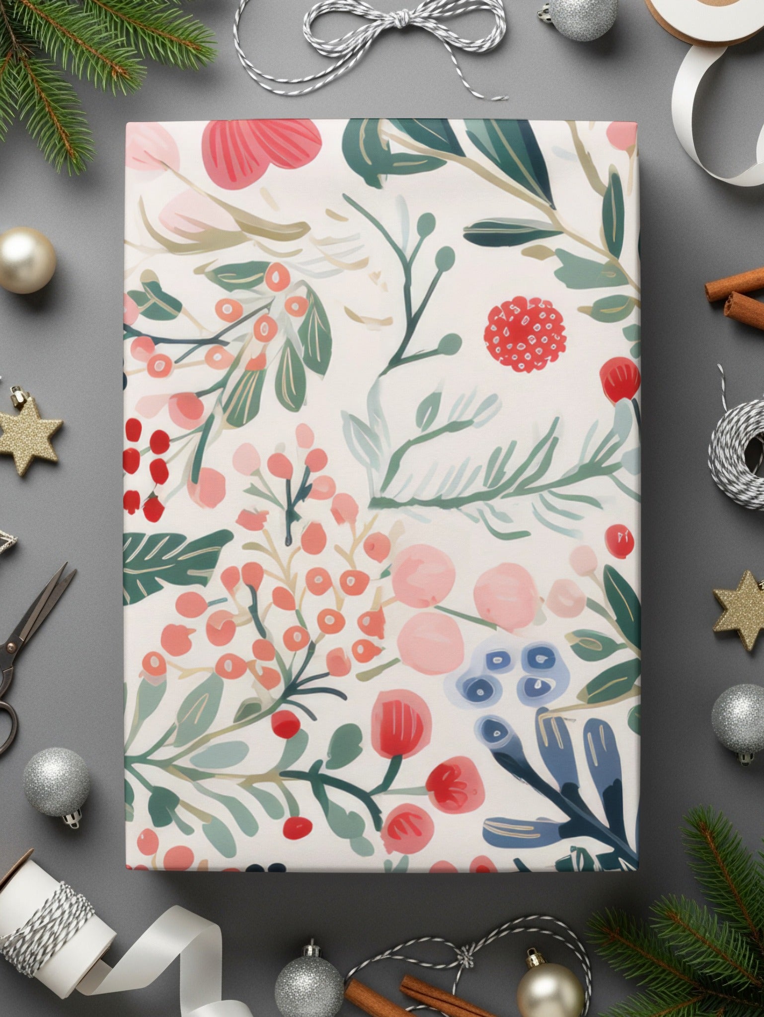 Festive Floral and Berries Holiday Wrapping Paper