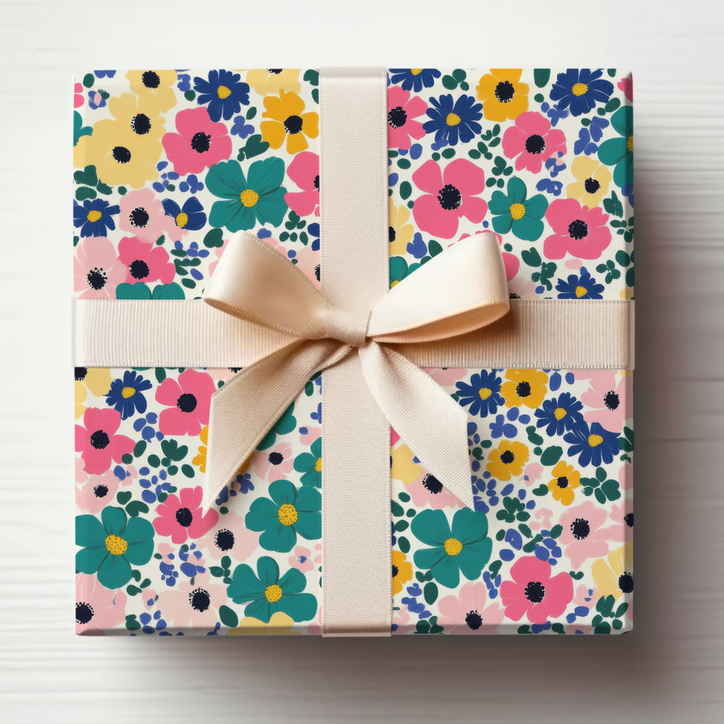 Colorful Floral Gift Wrap with Cream Ribbon Box
