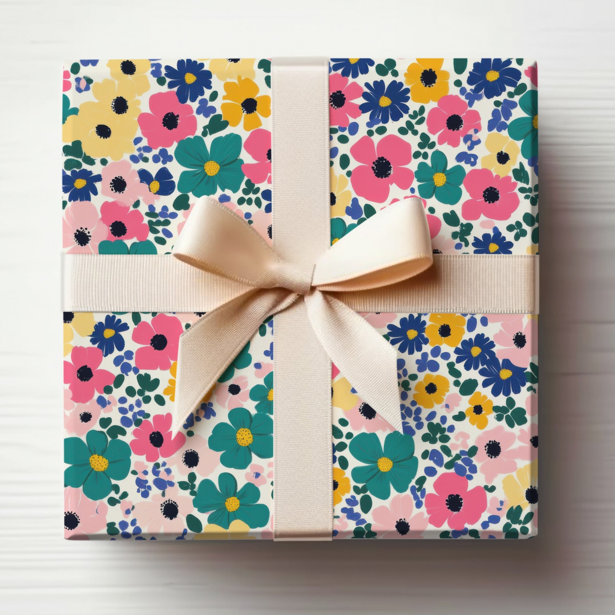 Colorful Floral Gift Wrap with Cream Ribbon Box