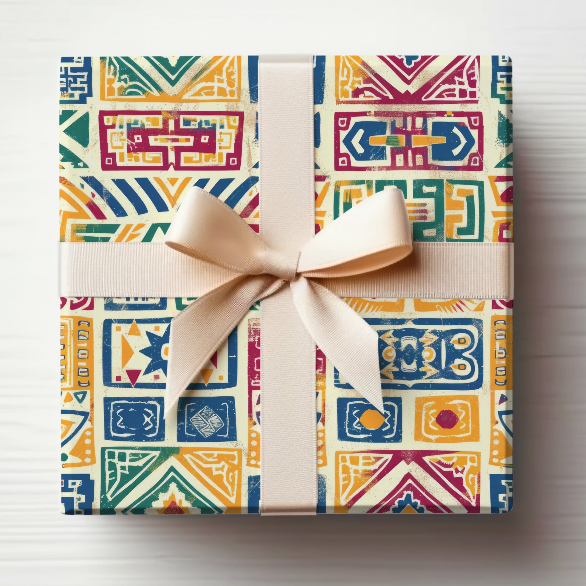 Colorful Geometric Gift Box with Beige Ribbon Wrap