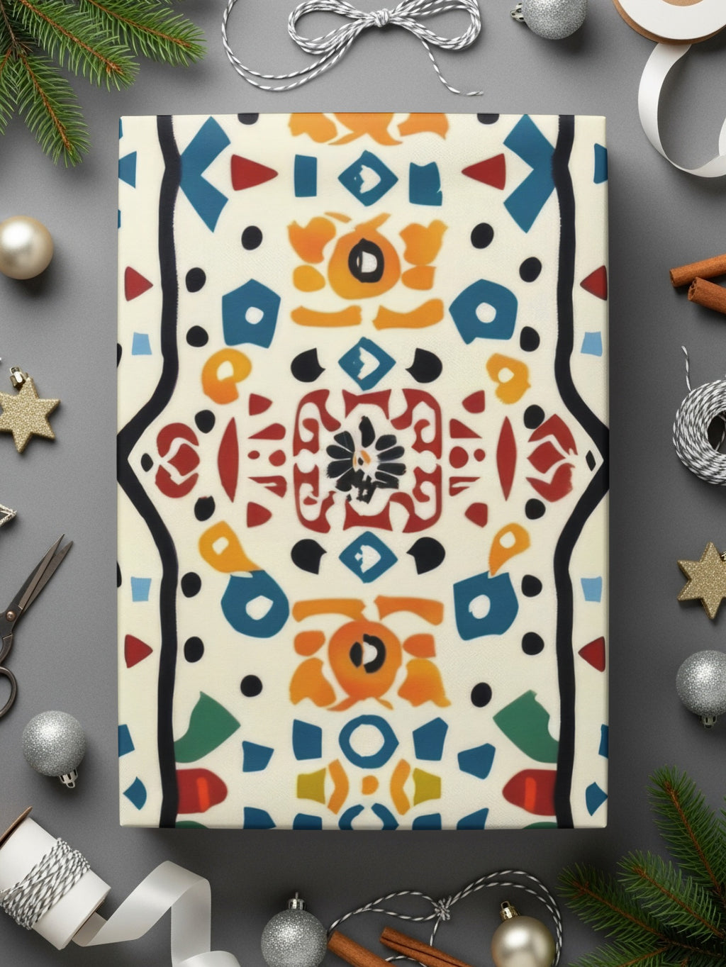 Festive Holiday Gift Wrap with Colorful Geometric Design