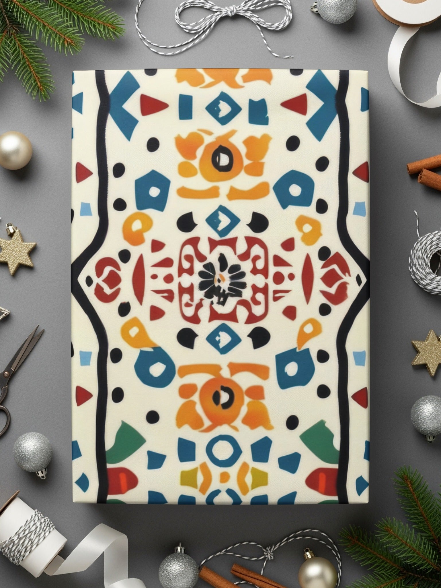 Festive Holiday Gift Wrap with Colorful Geometric Design