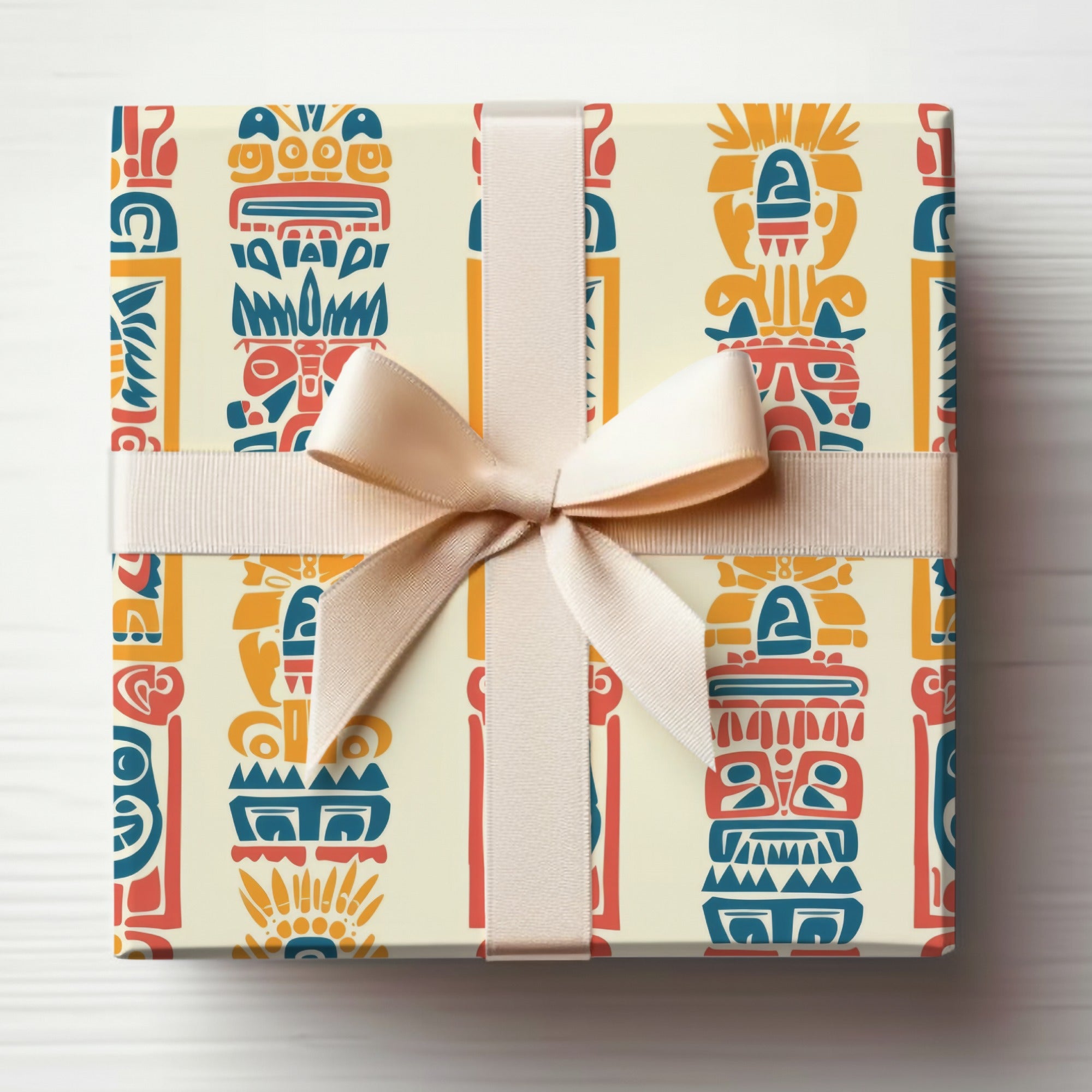 Vibrant Tribal Patterned Gift Wrap with a Bow Design