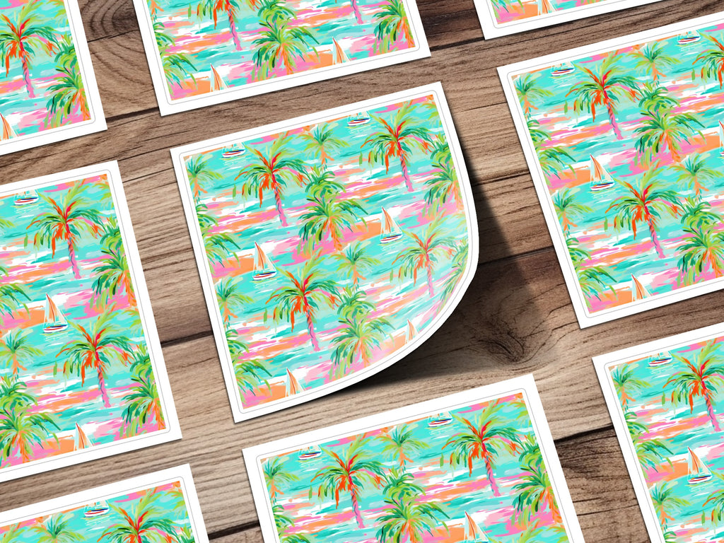Colorful Tropical Palm Trees and Sailboats Sticker Pattern