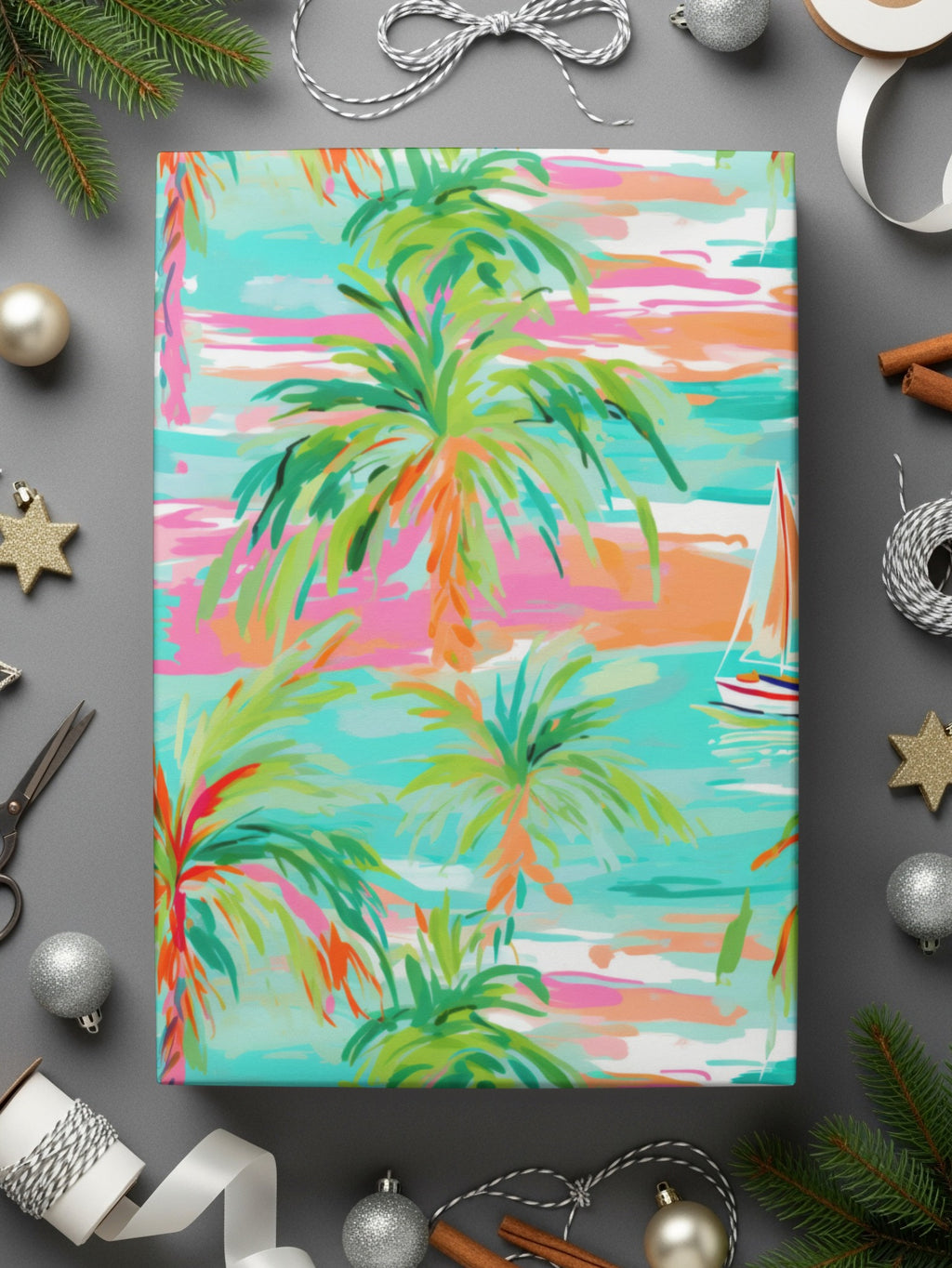 Tropical Palm Trees and Sailboat Design Wrapping Paper Product
