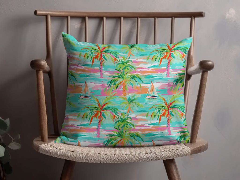 Colorful Tropical Palm Tree and Boat Design Pillow