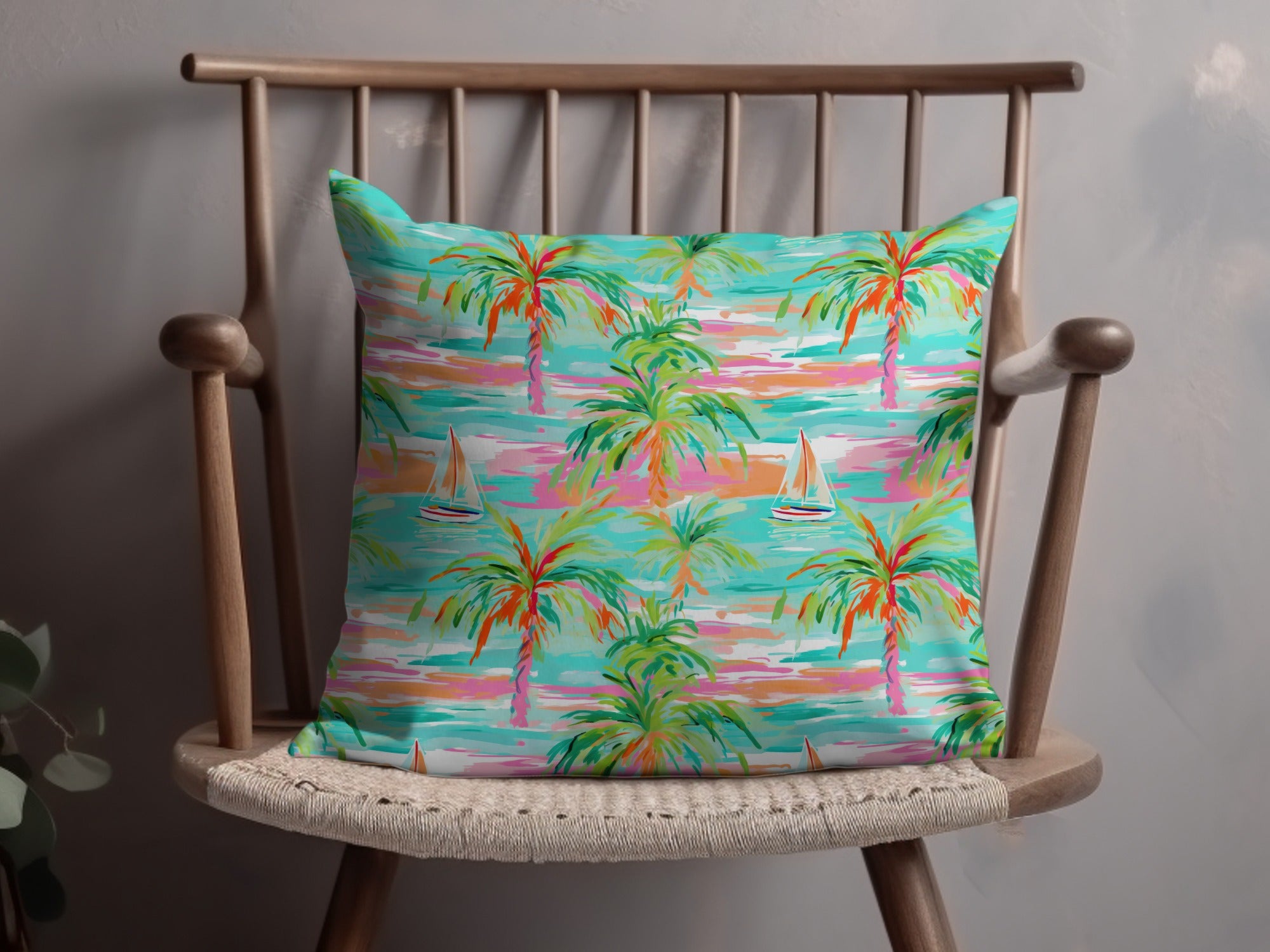Colorful Tropical Palm Tree and Boat Design Pillow