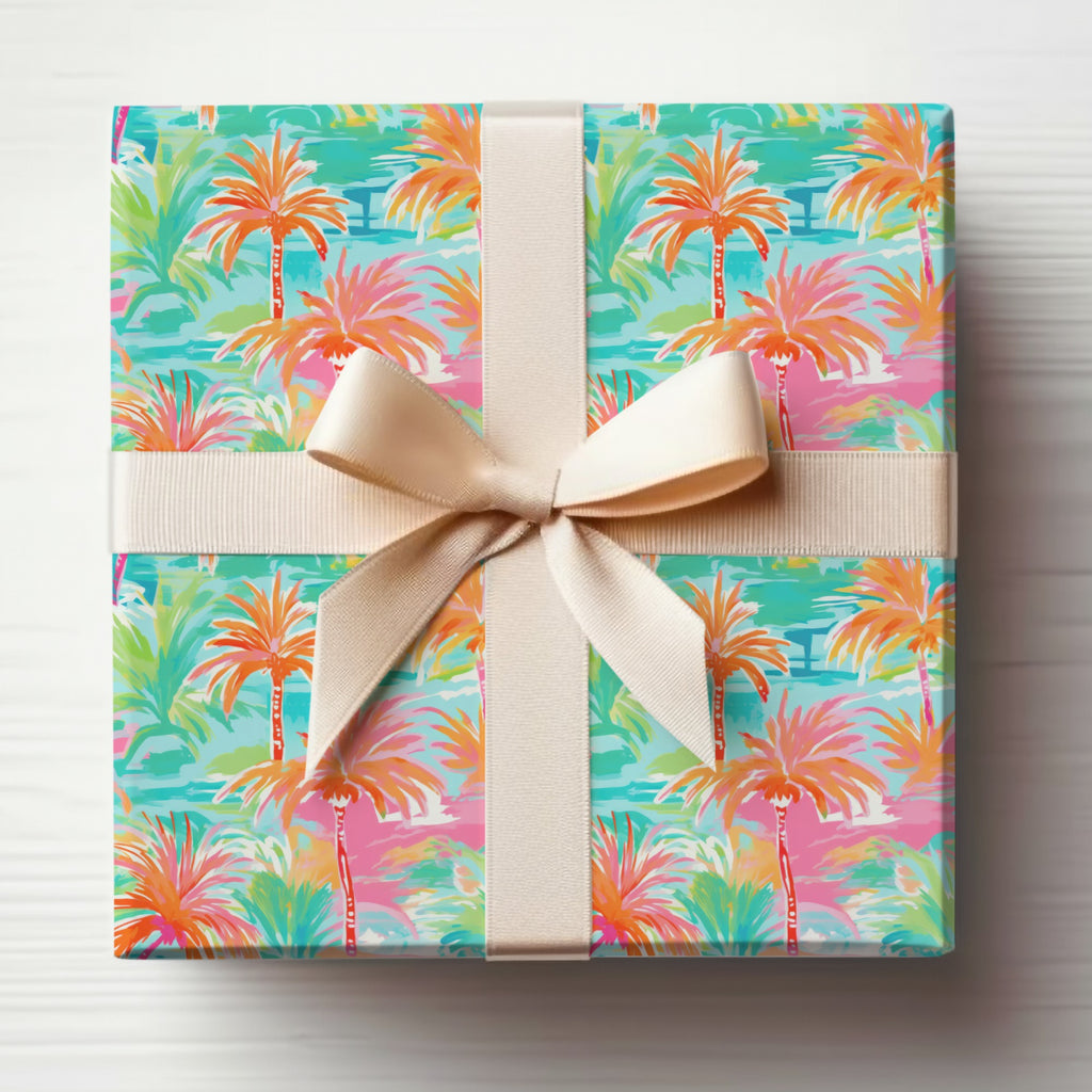 Vibrant Tropical Palm Tree Gift Wrap with Beige Ribbon