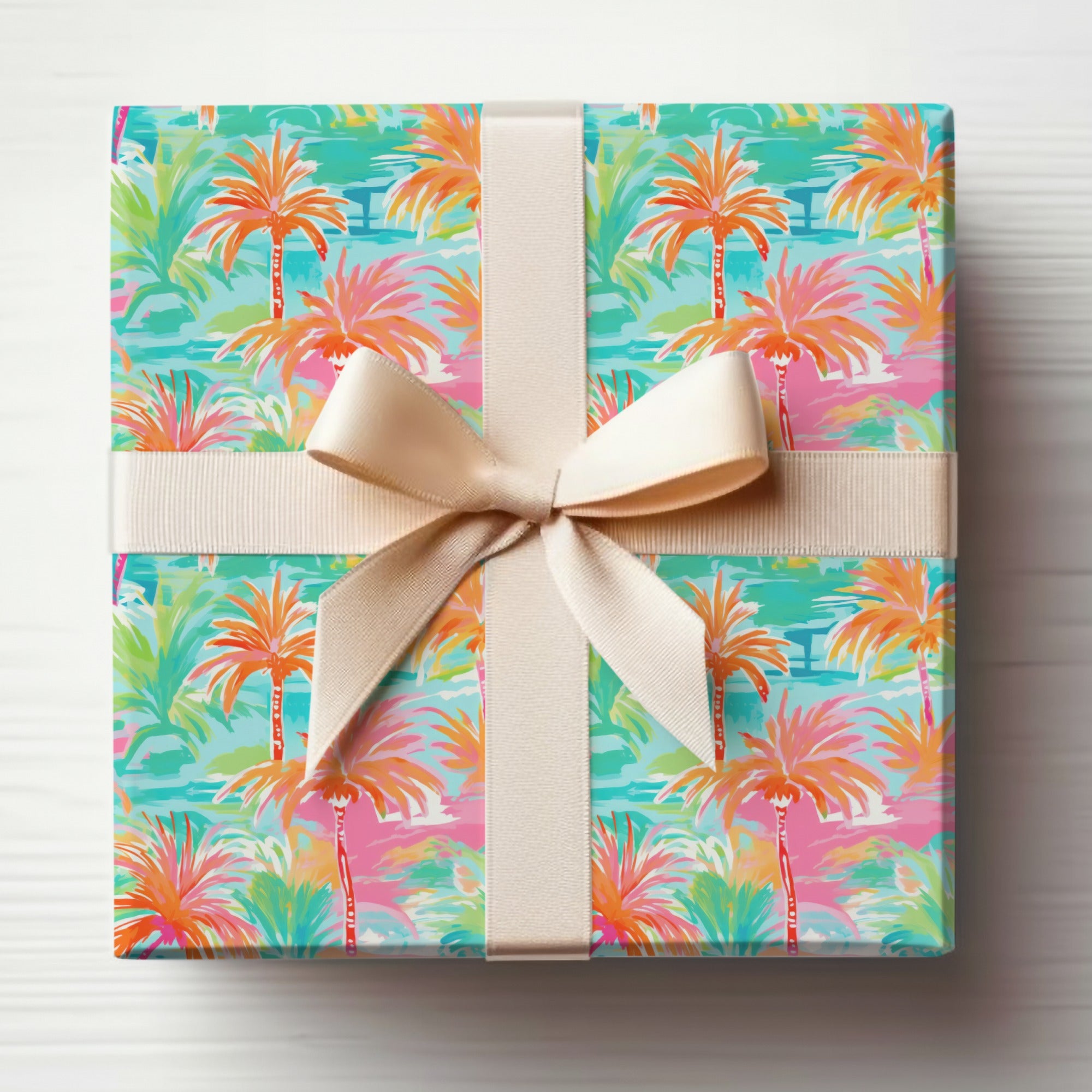 Vibrant Tropical Palm Tree Gift Wrap with Beige Ribbon