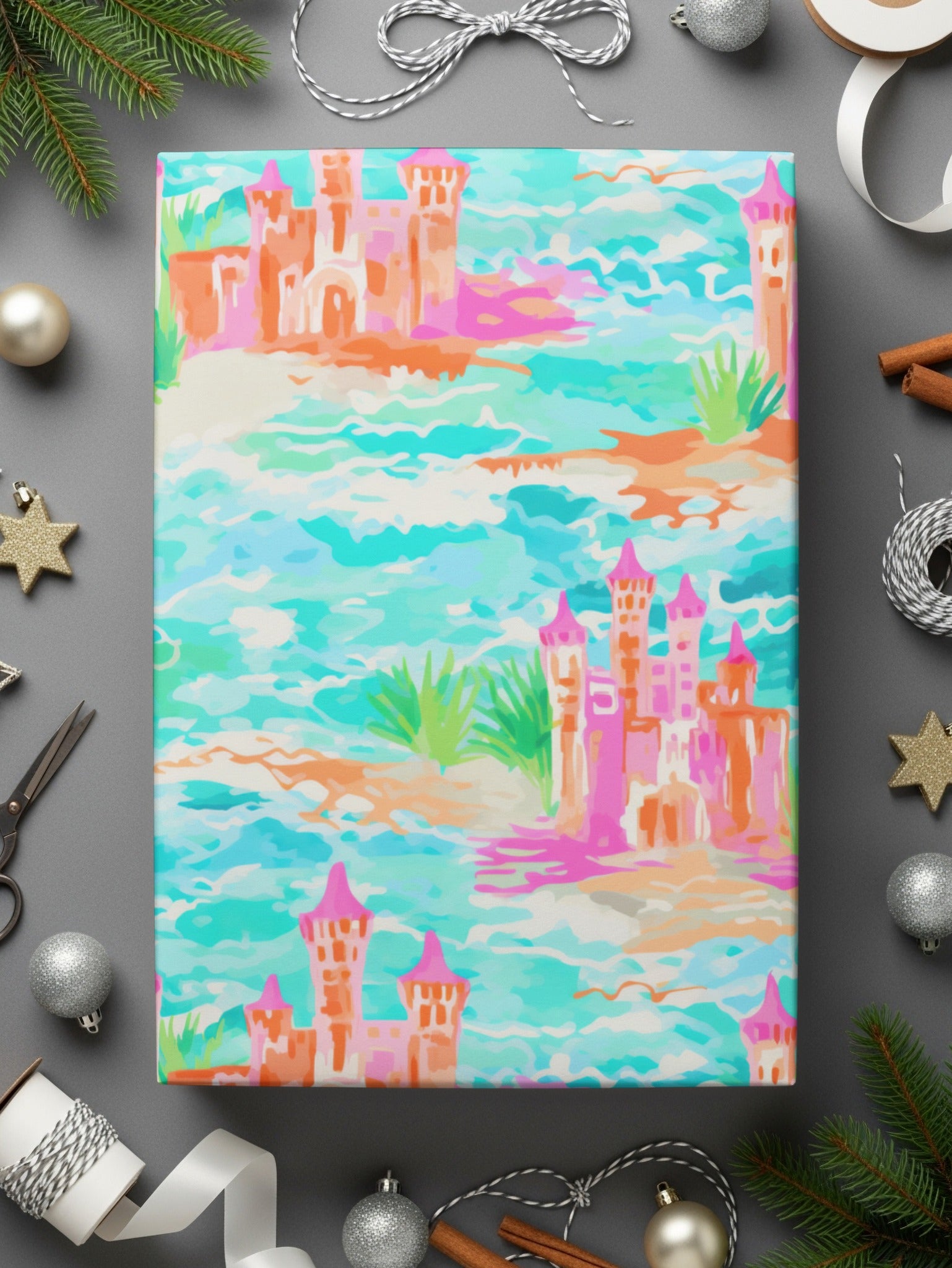 Colorful Castle and Ocean Themed Wrapping Paper