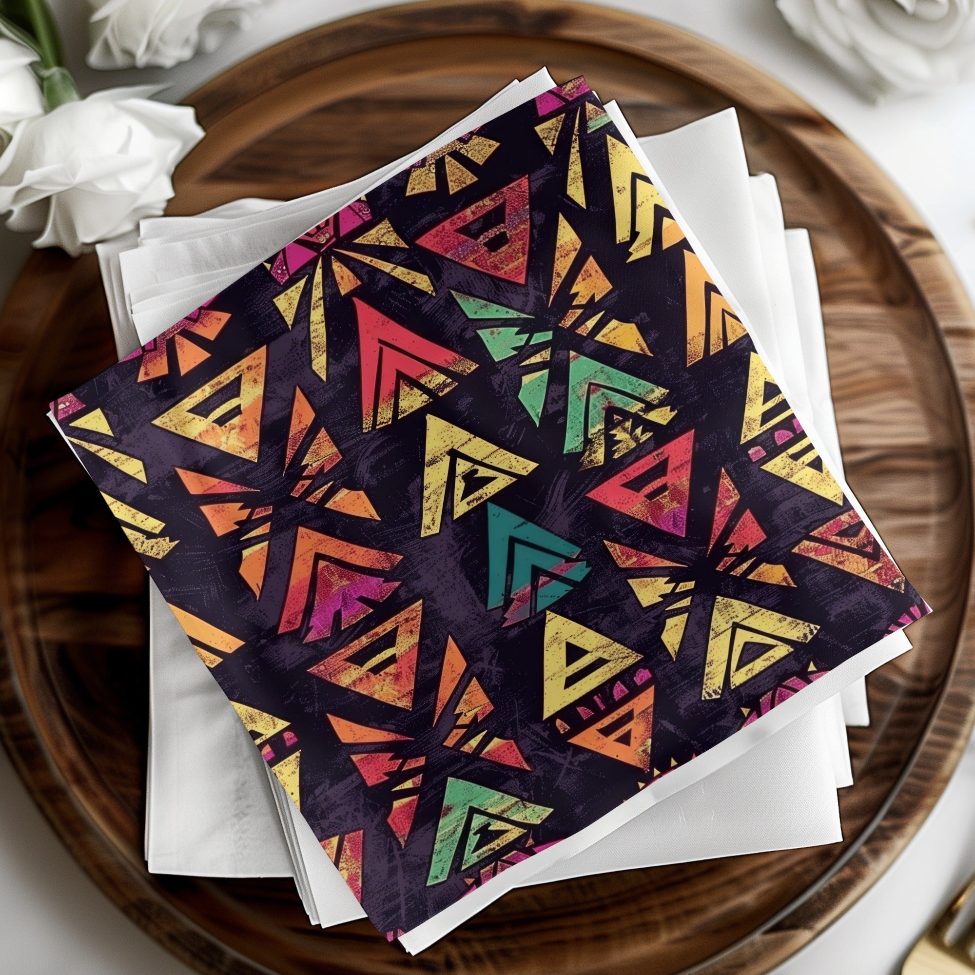 Vibrant Geometric Triangle Pattern on Dark Background Napkin