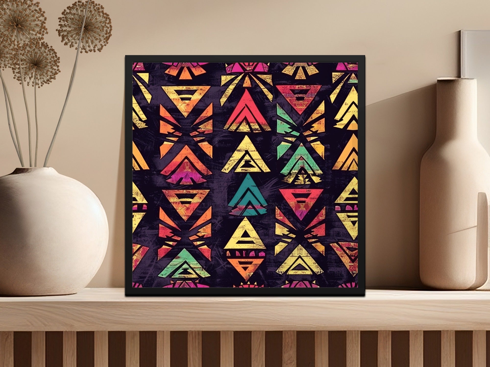 Vibrant Geometric Art Print with Tribal Patterns