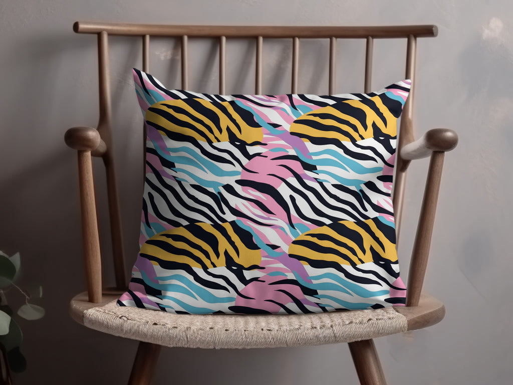 Vibrant Zebra Stripes and Tropical Leaves Cushion Cover