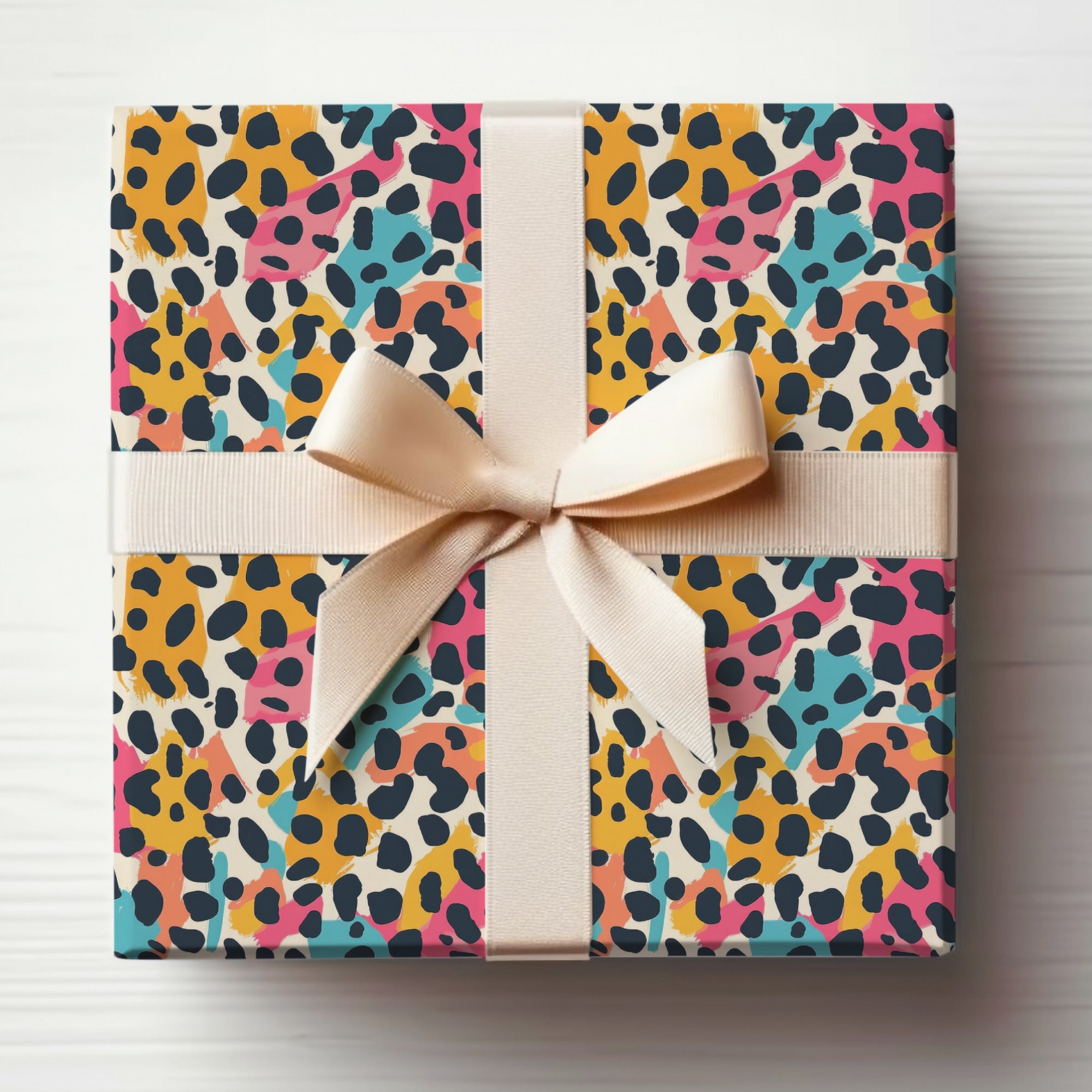 Colorful Leopard Print Gift Wrap with Cream Bow