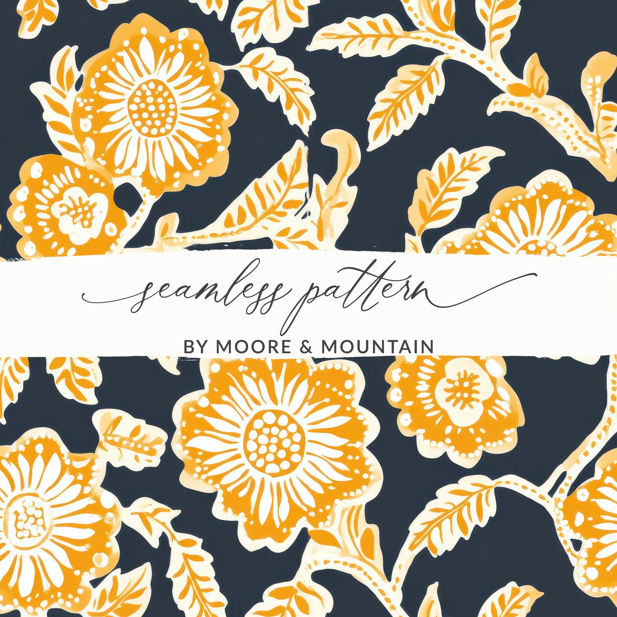 Mustard Floral Indian Motif on Dark Background Design - Moore and Mountain