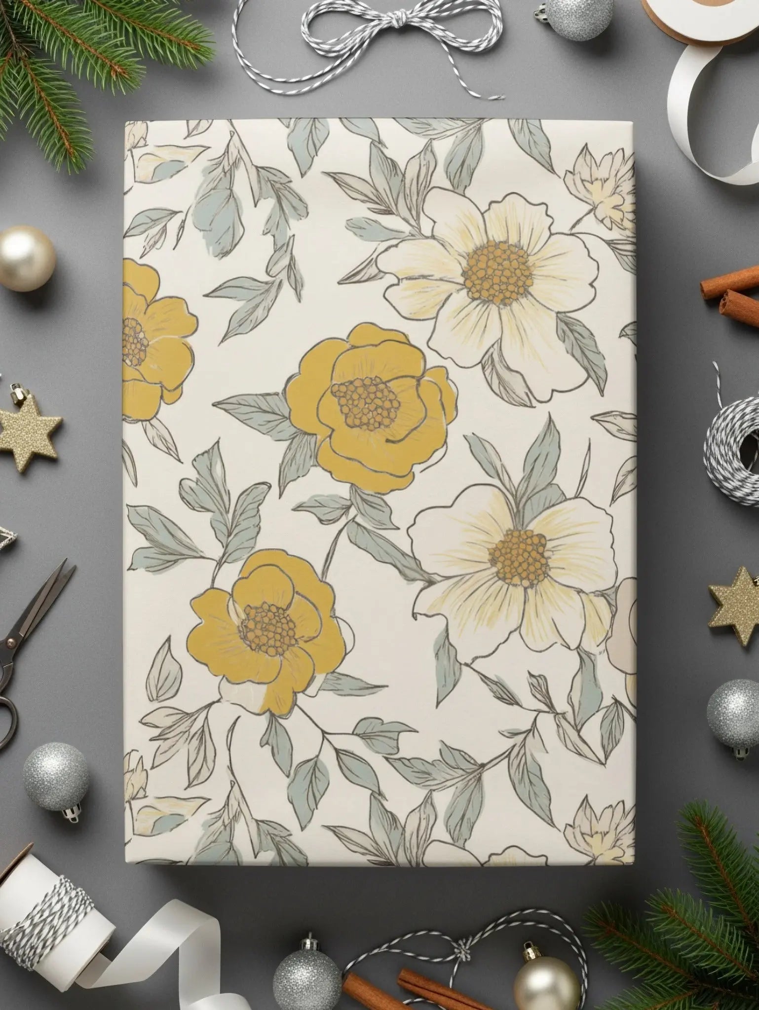 Mustard Yellow Line Art Floral Background Neutral Peony Seamless Modern Floral Pattern JPEG - Moore and Mountain