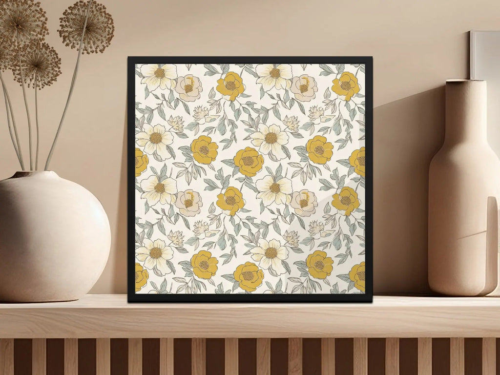 Mustard Yellow Line Art Floral Background Neutral Peony Seamless Modern Floral Pattern JPEG - Moore and Mountain