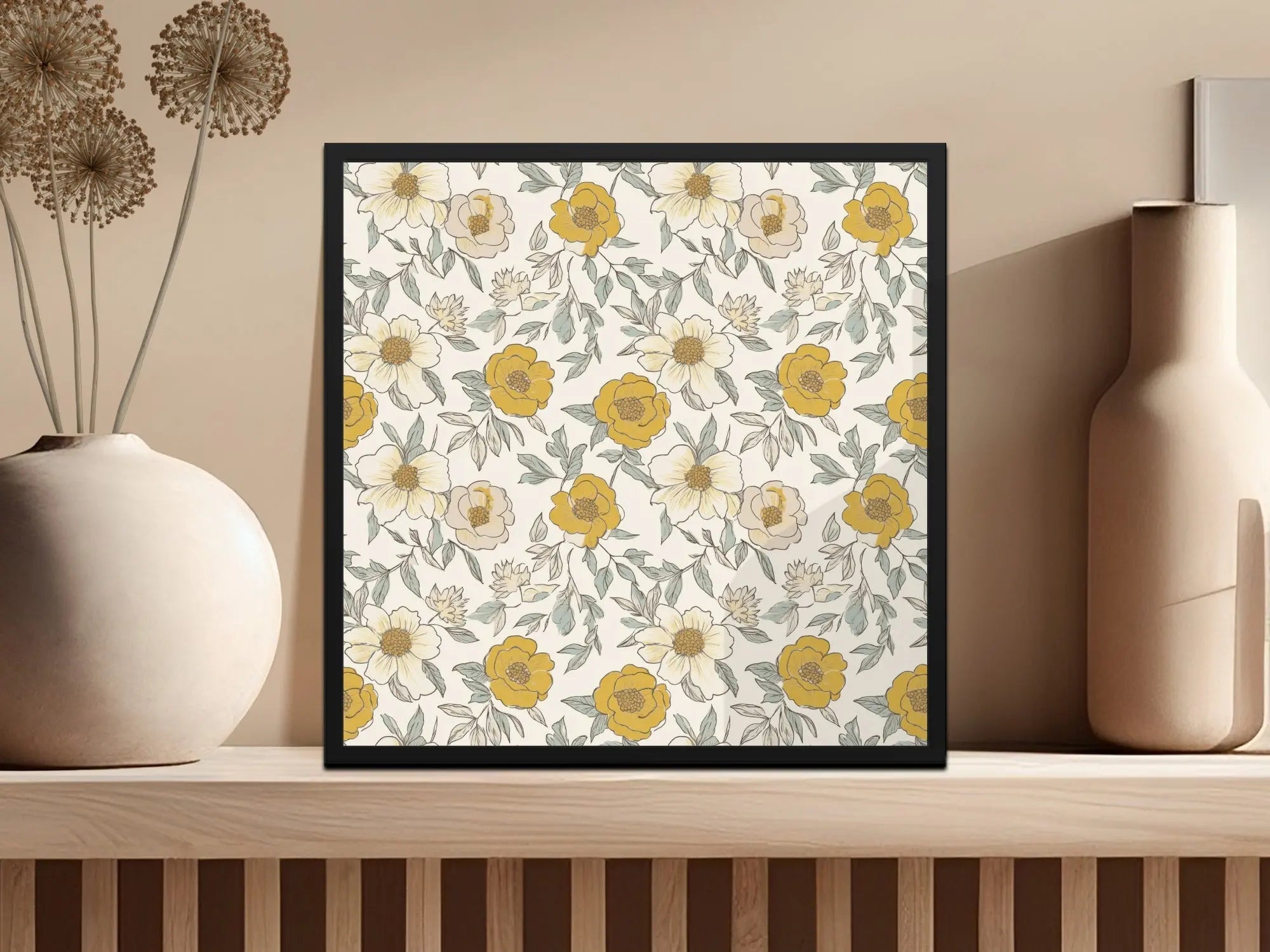 Mustard Yellow Line Art Floral Background Neutral Peony Seamless Modern Floral Pattern JPEG - Moore and Mountain