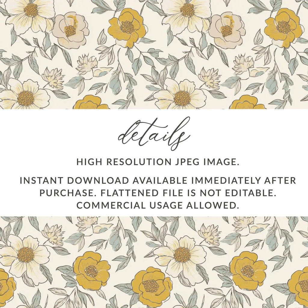 Mustard Yellow Line Art Floral Background Neutral Peony Seamless Modern Floral Pattern JPEG - Moore and Mountain