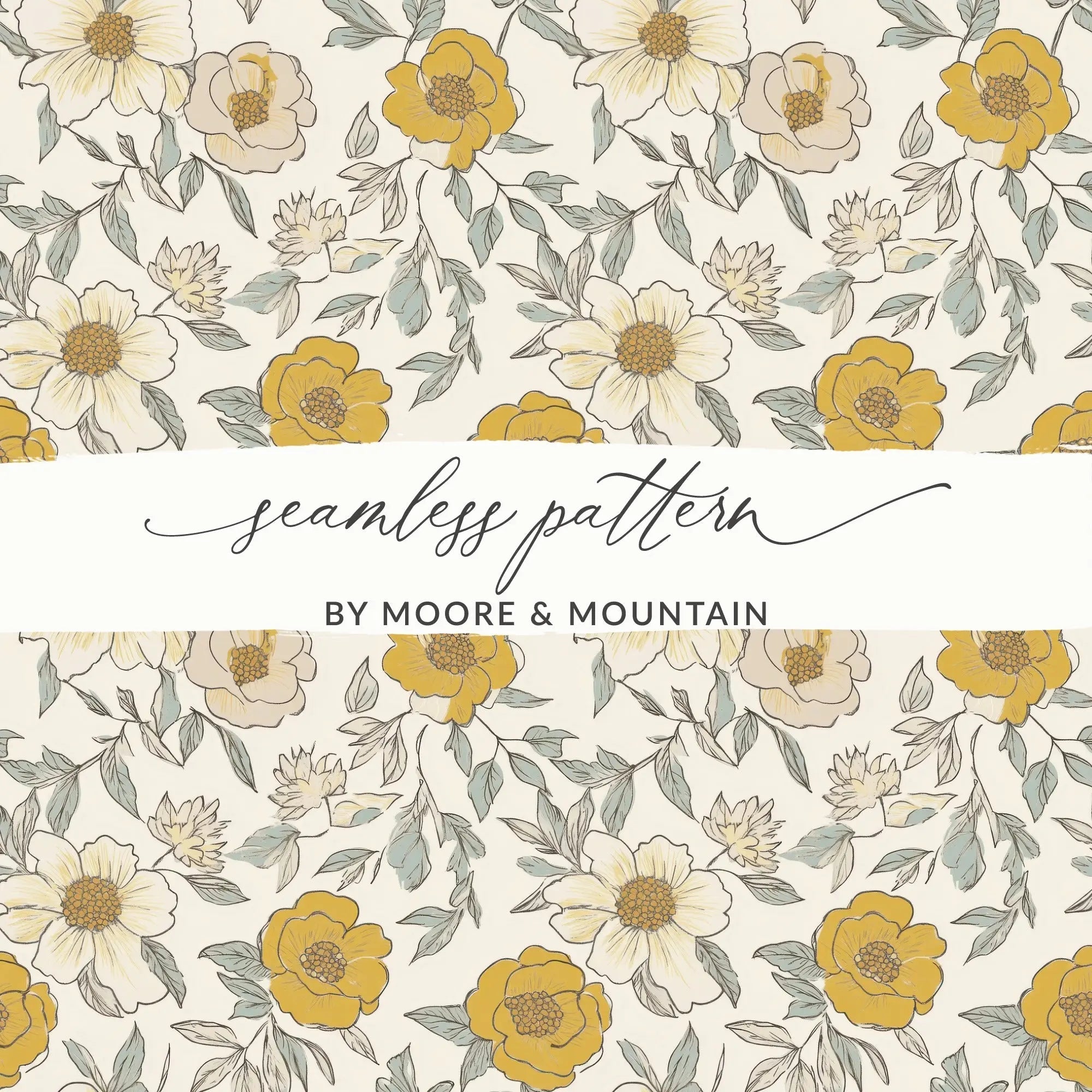 Mustard Yellow Line Art Floral Background Neutral Peony Seamless Modern Floral Pattern JPEG - Moore and Mountain