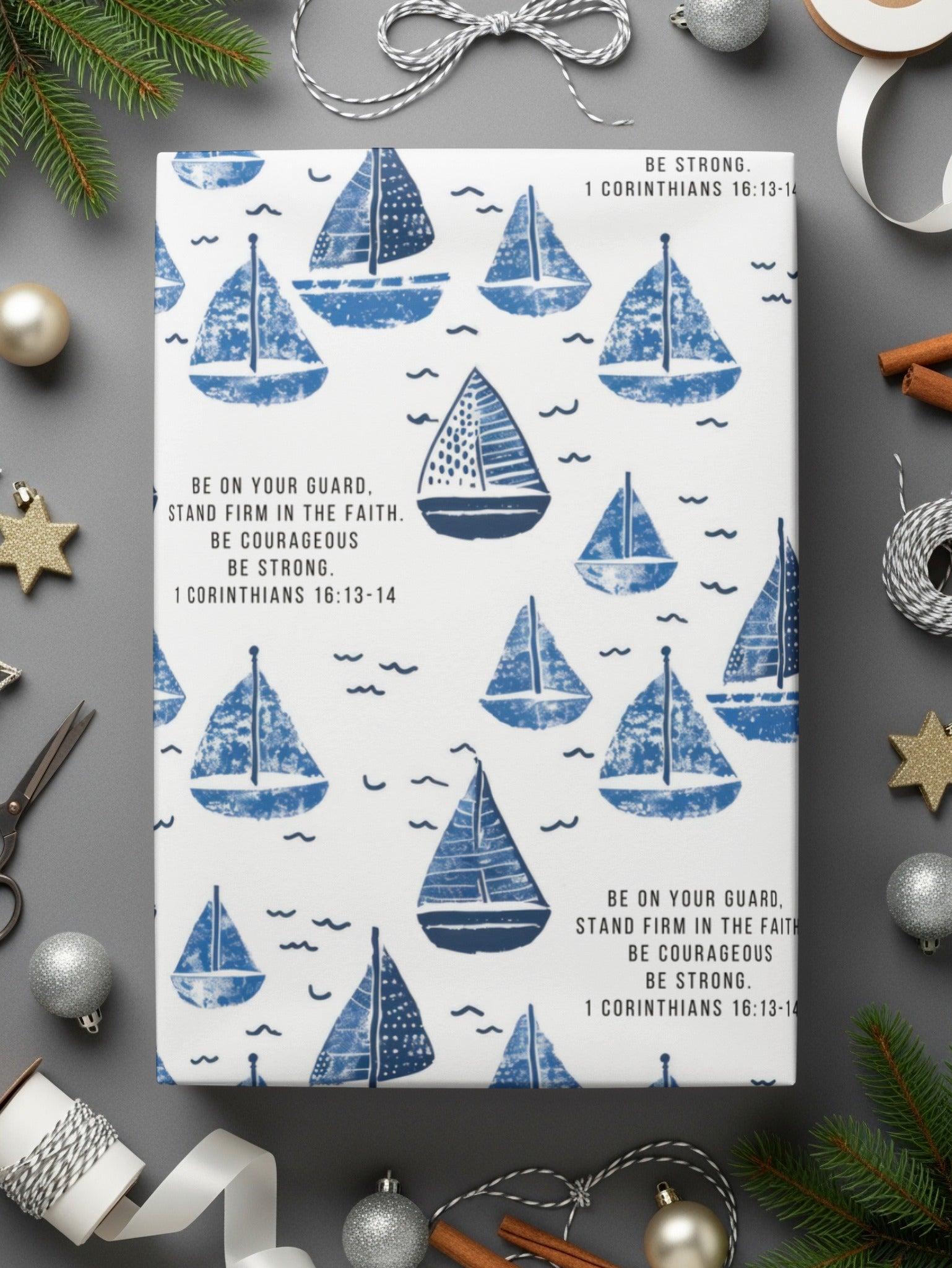 Be Strong Sailboat Design Scripture Wrapping Paper