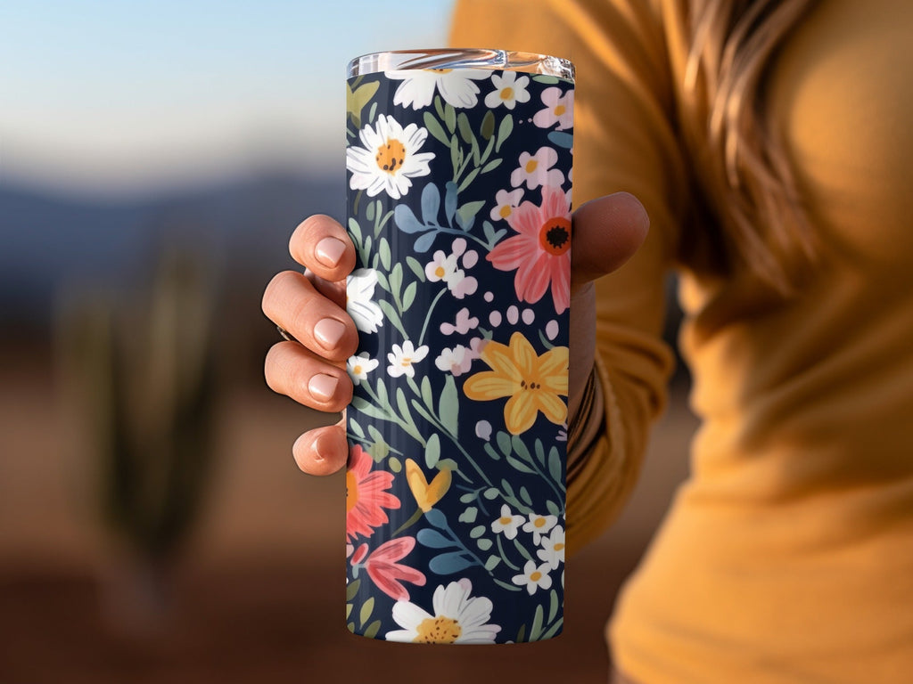 Navy Blue Colorful Ditsy Flowers on Dark Blue Spring Pattern Digital - Moore and Mountain