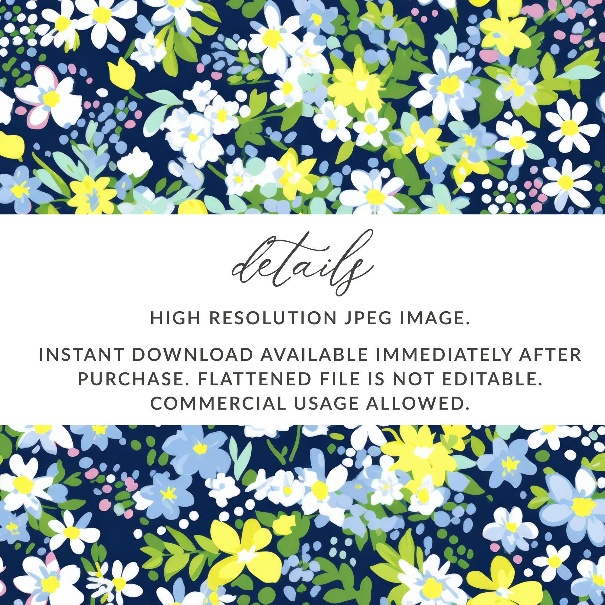 Floral Seamless Pattern Design for T-Shirt, Digital Print, Navy Background, White Yellow Blue Flowers, Fabric Design, DIY Crafts, Pretty - Moore and Mountain