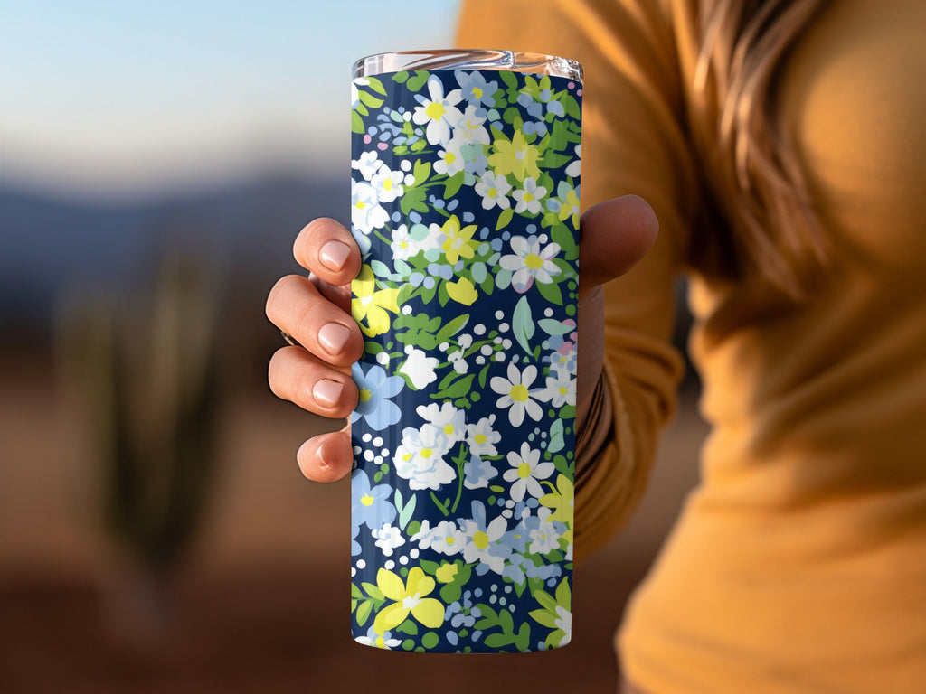 Floral Seamless Pattern Design for T-Shirt, Digital Print, Navy Background, White Yellow Blue Flowers, Fabric Design, DIY Crafts, Pretty - Moore and Mountain