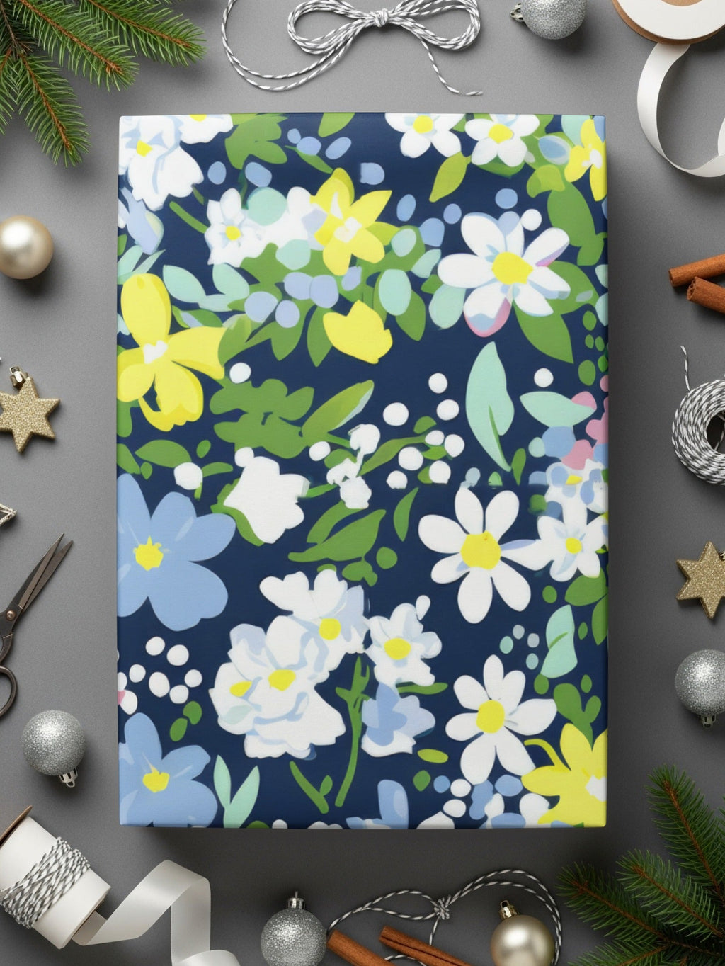Floral Seamless Pattern Design for T-Shirt, Digital Print, Navy Background, White Yellow Blue Flowers, Fabric Design, DIY Crafts, Pretty - Moore and Mountain
