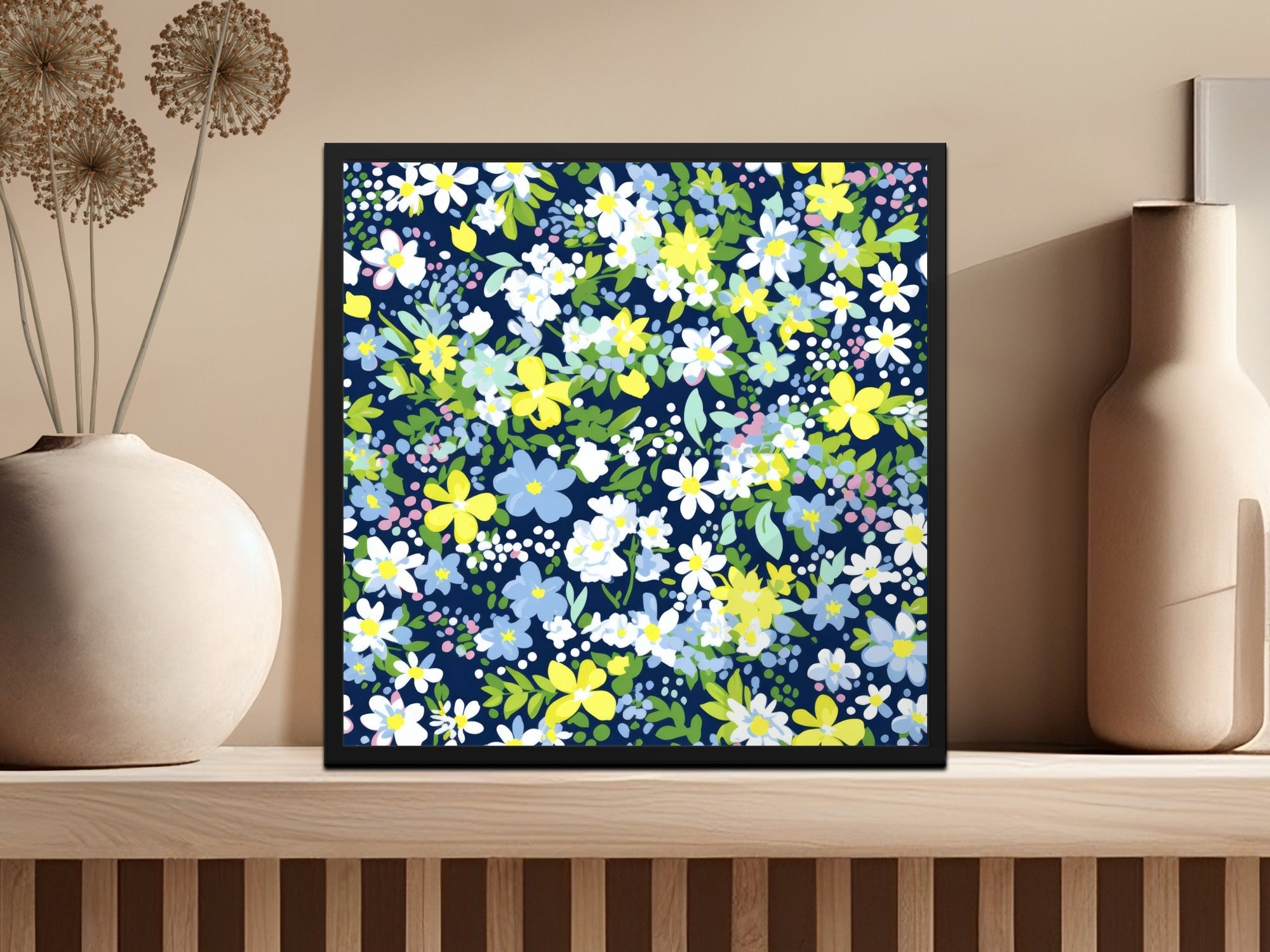 Floral Seamless Pattern Design for T-Shirt, Digital Print, Navy Background, White Yellow Blue Flowers, Fabric Design, DIY Crafts, Pretty - Moore and Mountain