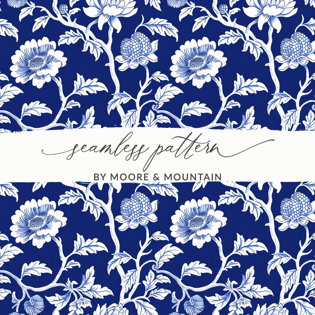 Navy Blue Floral Pattern Digital Paper, White Flower Design, Seamless Tileable Texture, Chinoiserie Pattern - Moore and Mountain