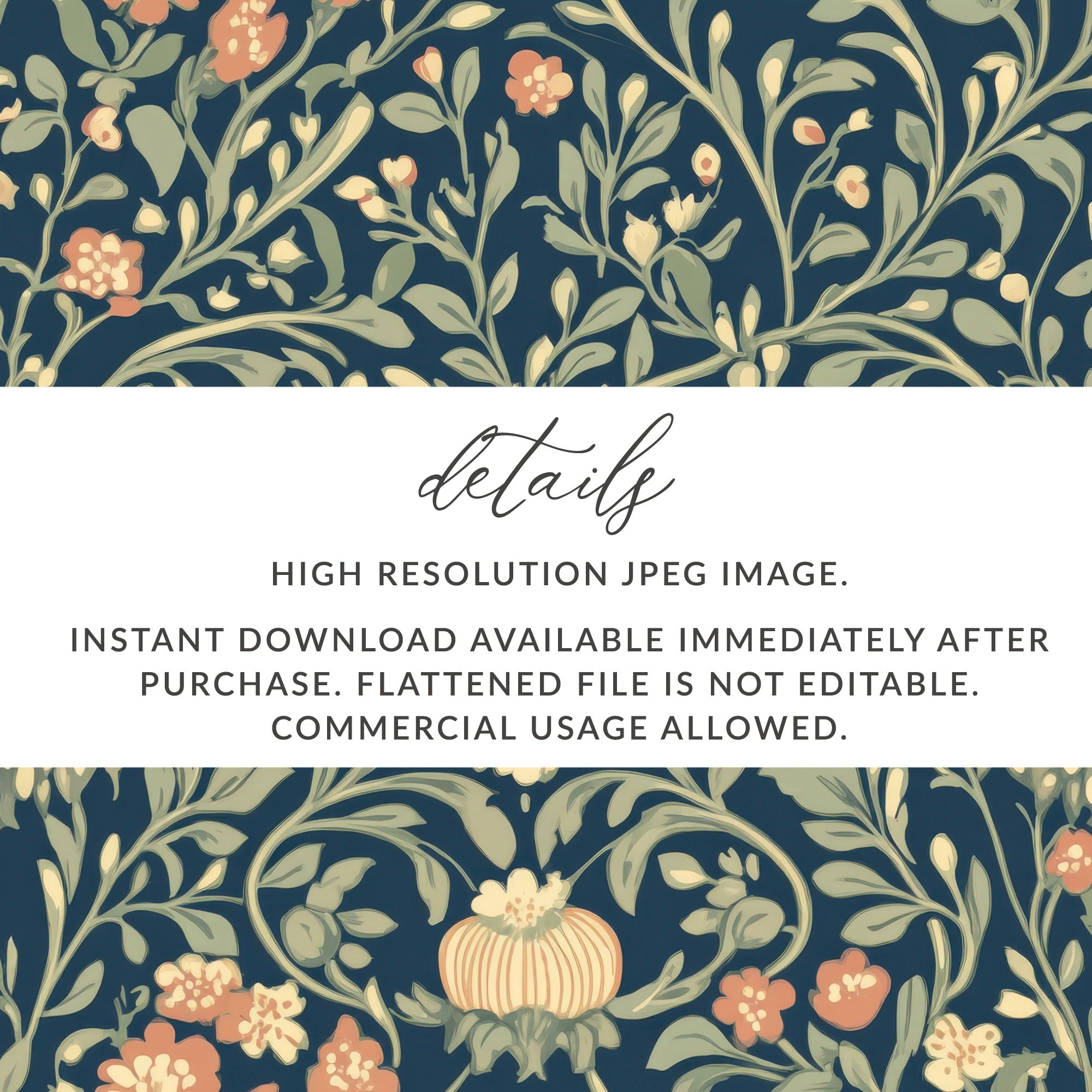 Navy Blue and Gold William Morris Vines Background Green Peach Blue Digital - Moore and Mountain