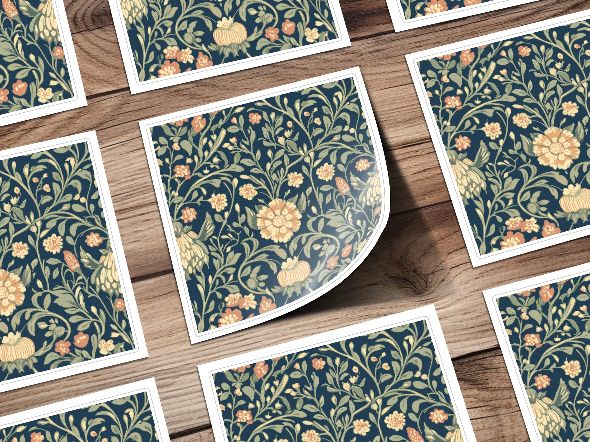 Navy Blue and Gold William Morris Vines Background Green Peach Blue Digital - Moore and Mountain