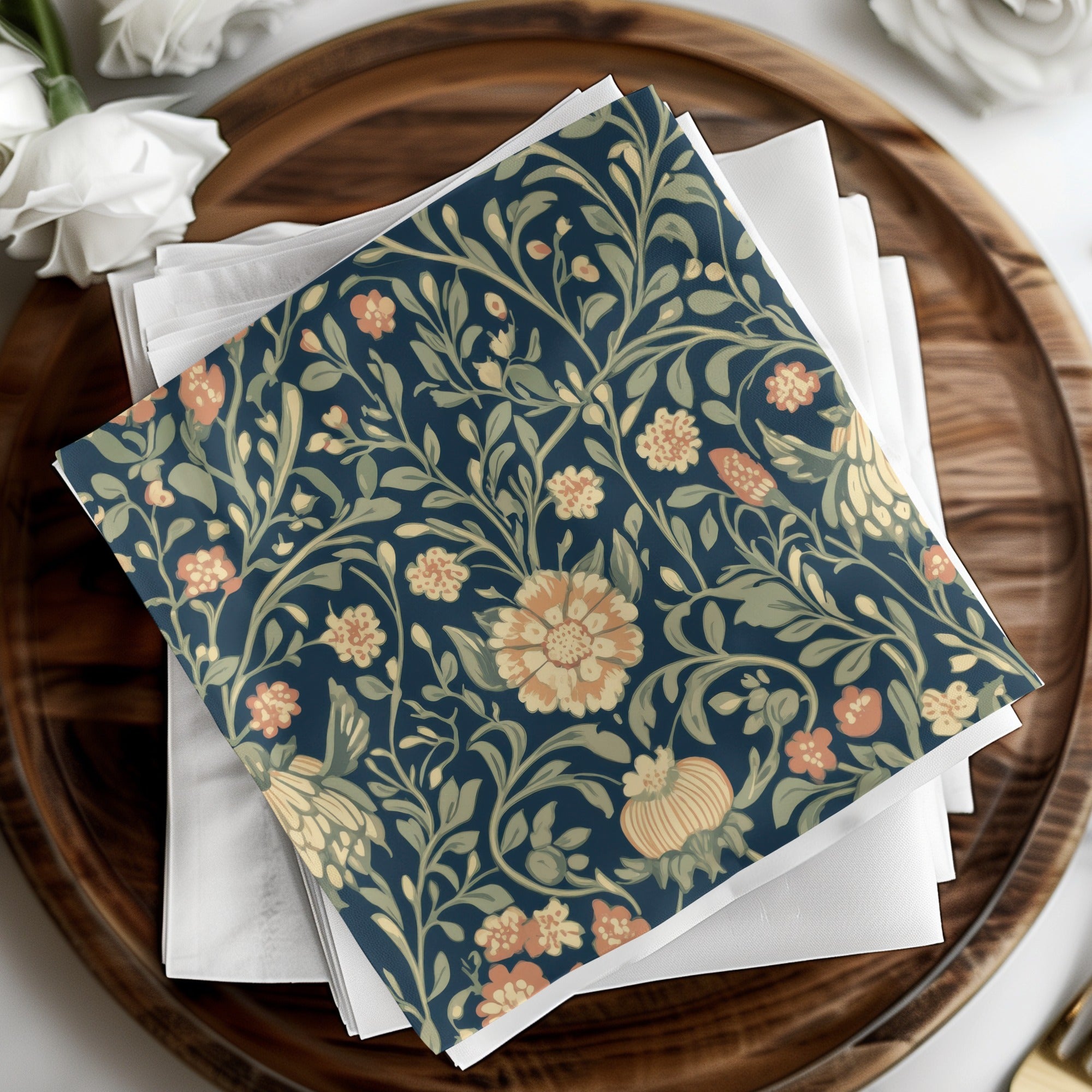 Navy Blue and Gold William Morris Vines Background Green Peach Blue Digital - Moore and Mountain